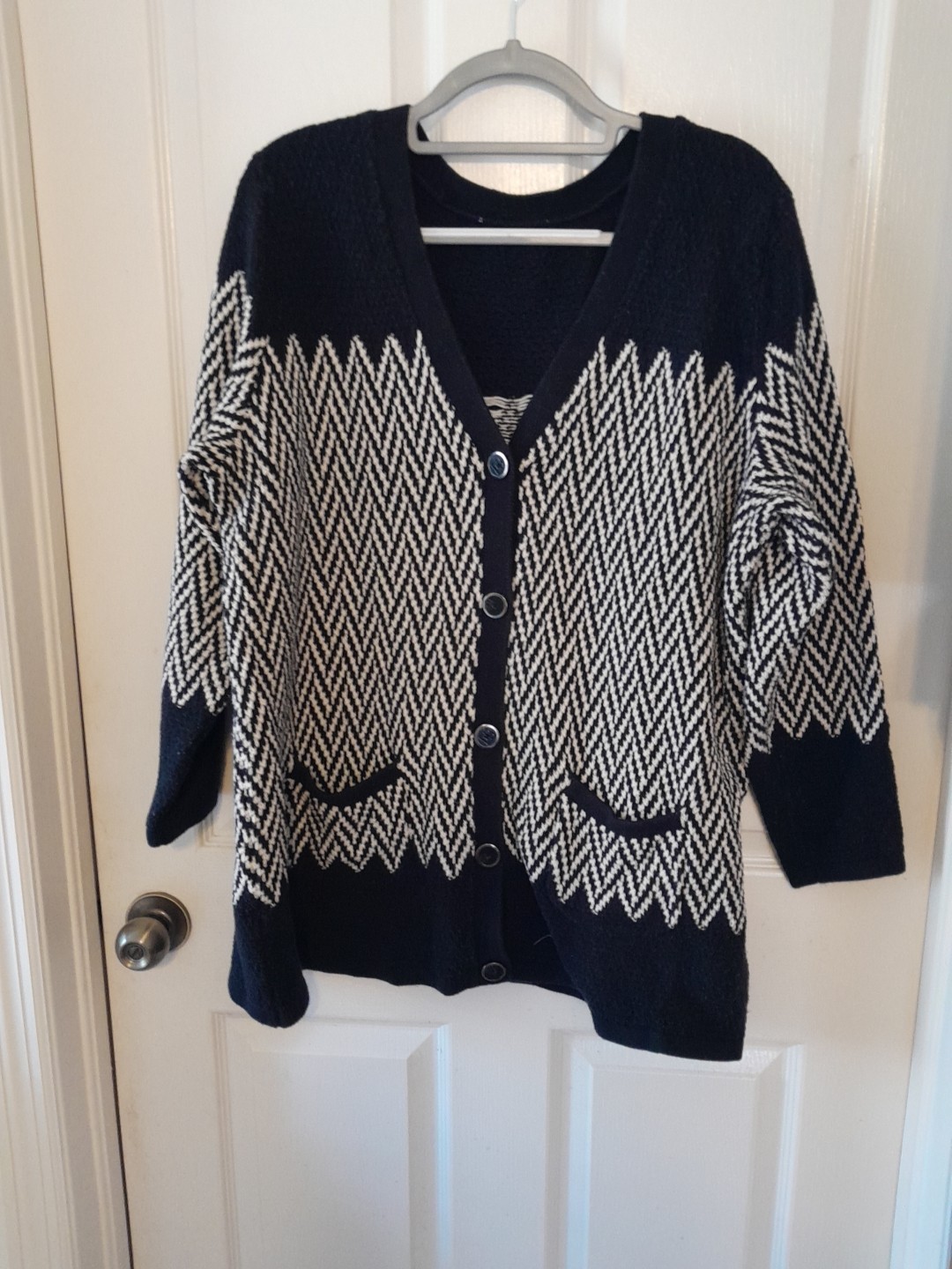Vintage Gen-78 White And Black Herringbone Button-down Cardigan. Chest 51&Prime; B13