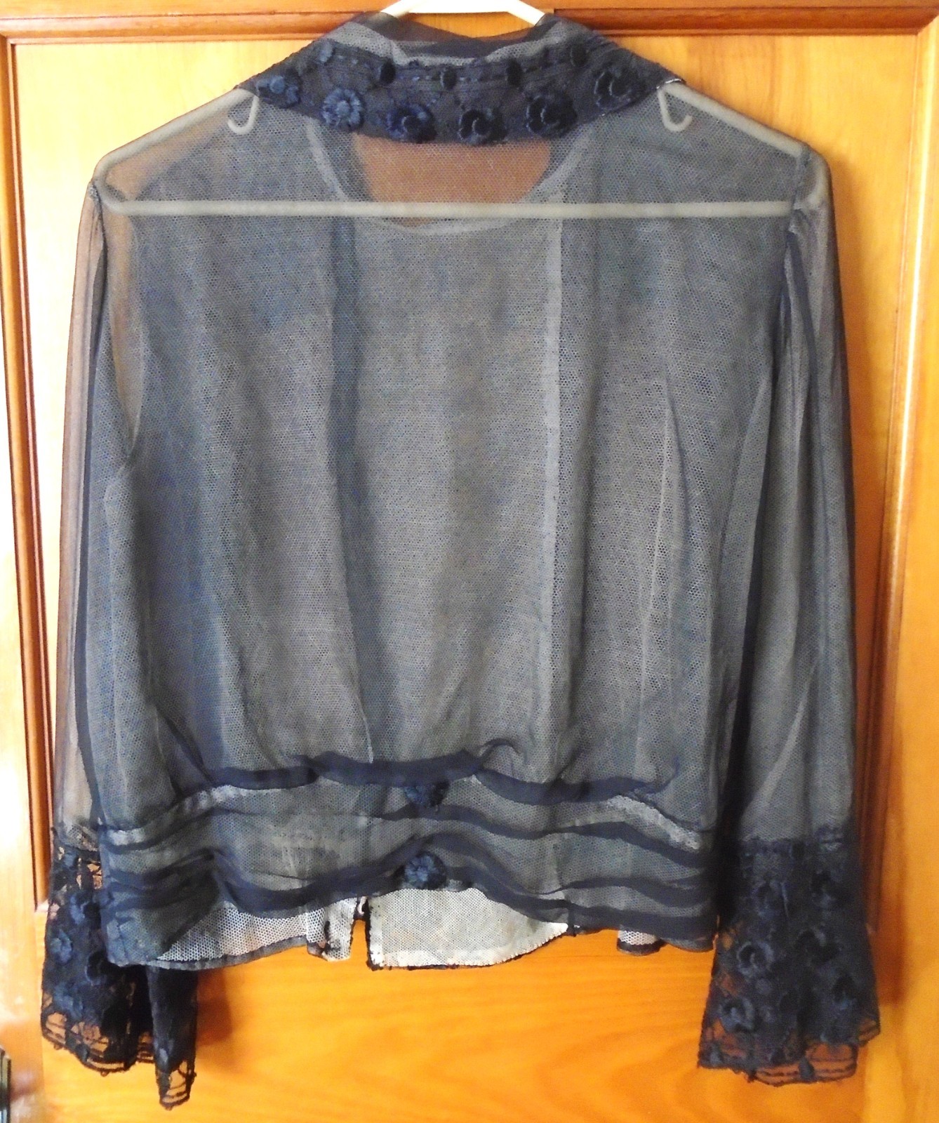 ANTIQUE 1910&rsquo;s 20&rsquo;s EDWARDIAN BLACK SHEER MESH BLOUSE LINED SOUTACH TRIM Sz S-M