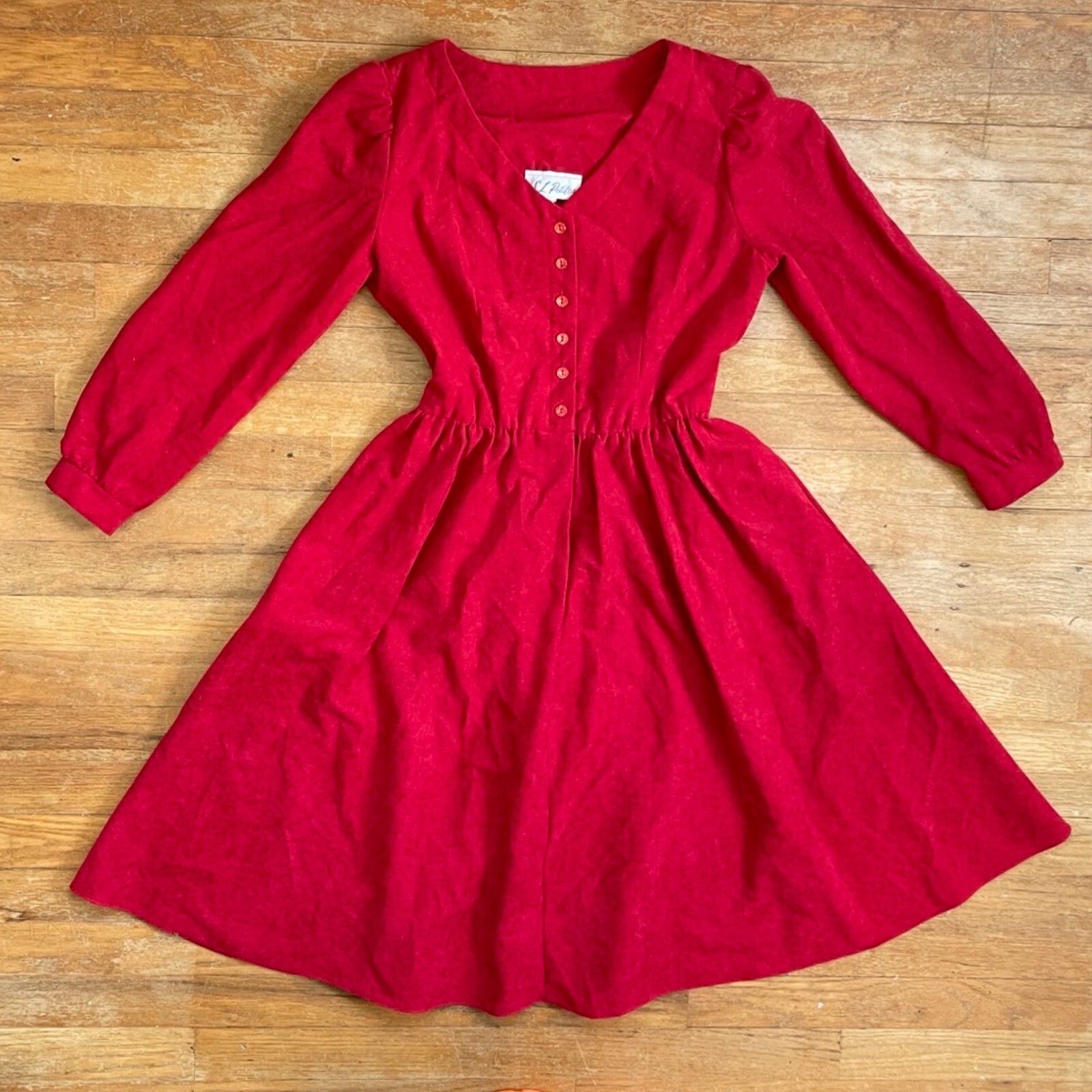 Vintage Red Microfiber Dress Size XS/Small 1970s Long Sleeve A-Line with Pockets