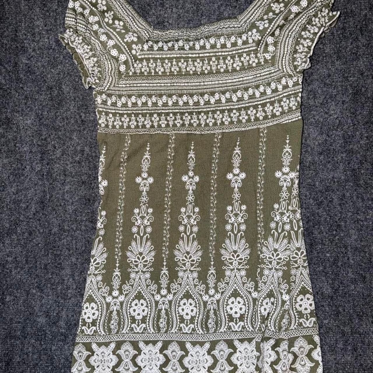 Y2K Almost Famous Boho Peasant Top Olive Green Floral Empire Waist