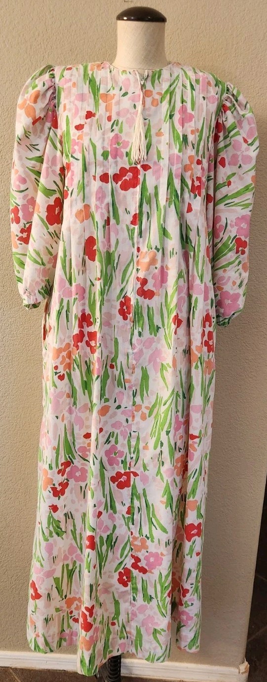 Vtg 70s David Brown California Womens Half Zip House Coat Dress Floral Colorful