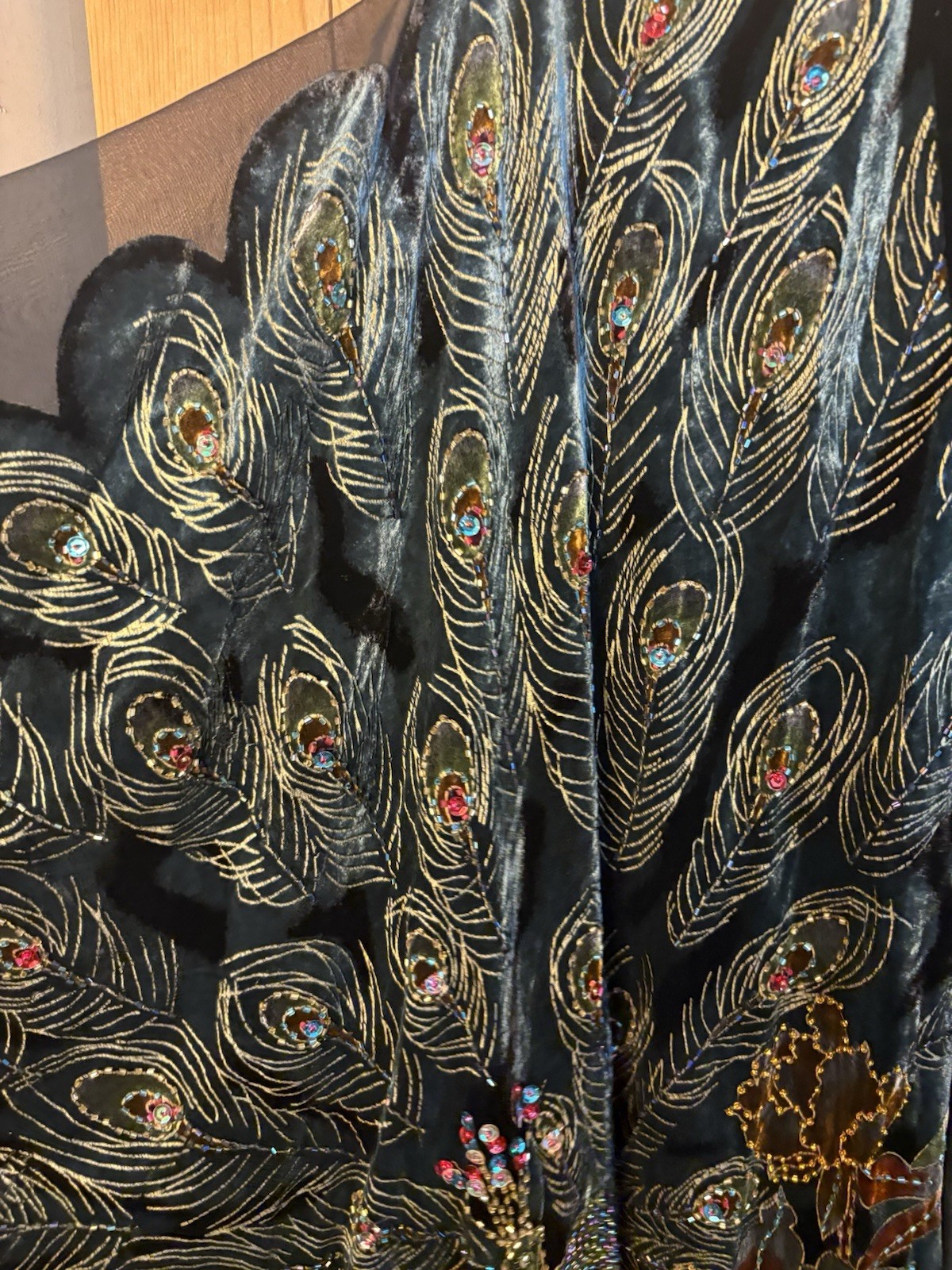 Kimono Duster Jacket Peacock Floral Velvet Beaded Burnout Coverup OS L/XL/1X/2X