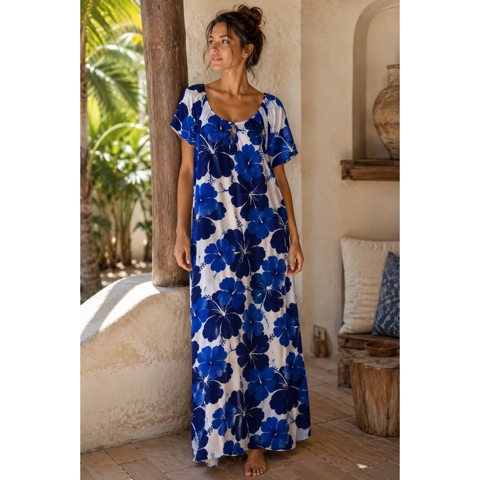 VINTAGE 70s Hilo Hattie Maxi Dress Women M Blue Hibiscus MUUMUU Hawaiian Aloha