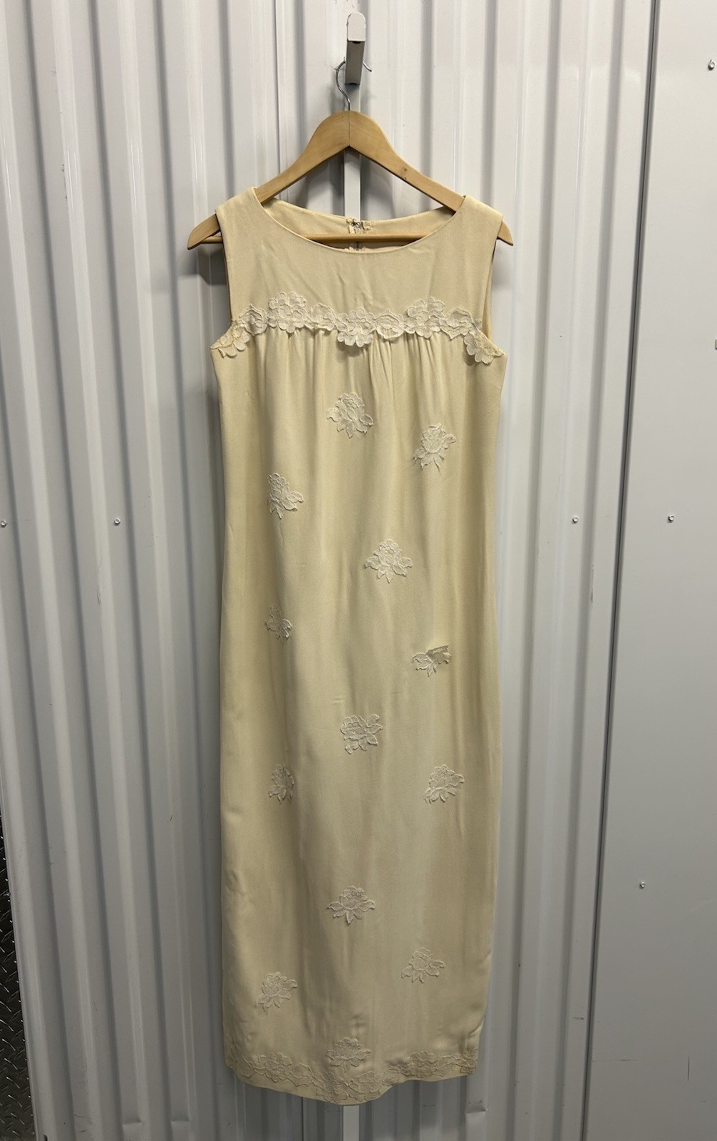VTG 1960s Babydoll Ivory Lace Appliqué Column Maxi Dress Women’s S/M Unbranded