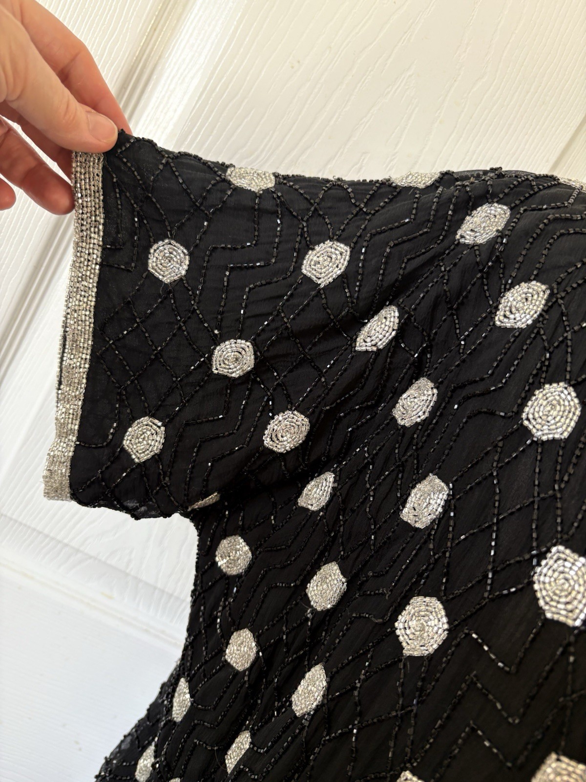 Judith Ann Creations 80s Does 20s 100% Silk Beaded Drop Waist Spider Web Dress M