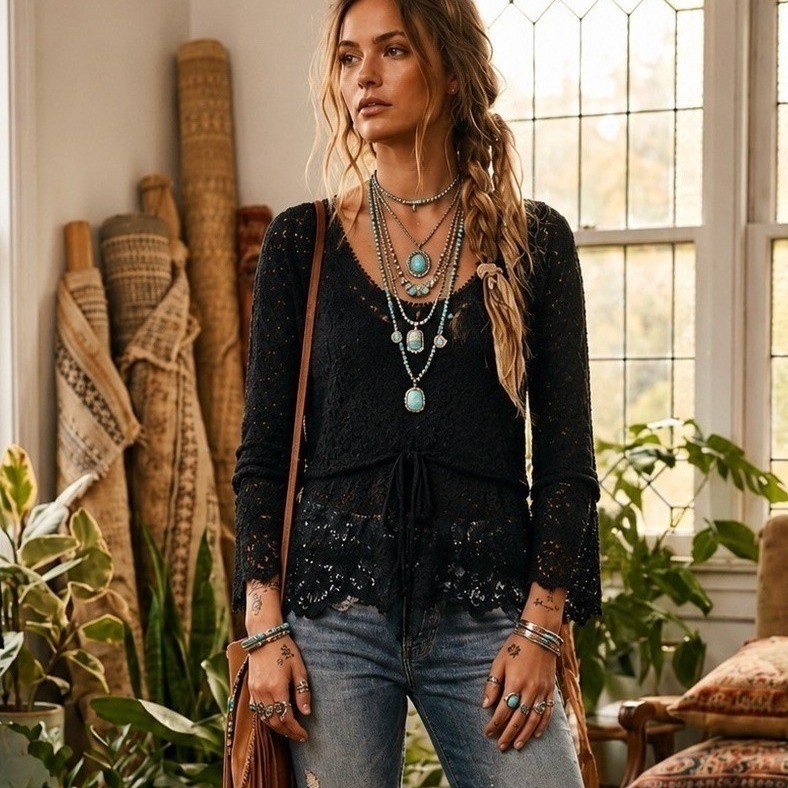 NWT Free People Tie Back Crochet Lace Top Black Boho Romantic Cottagecore Large