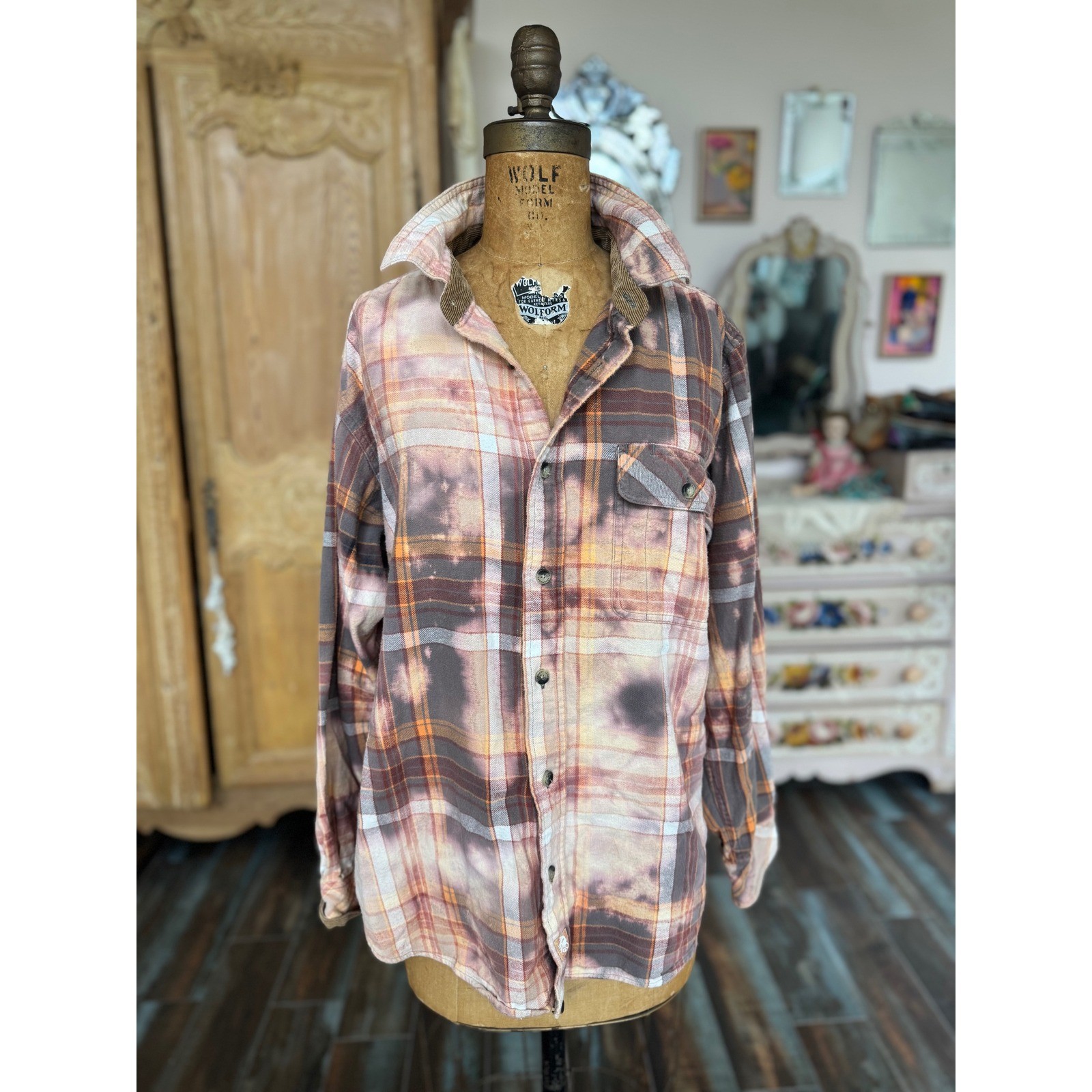 Vintage Marijuana Propaganda Flannel Bleach Dye Upcycled Shirt Large