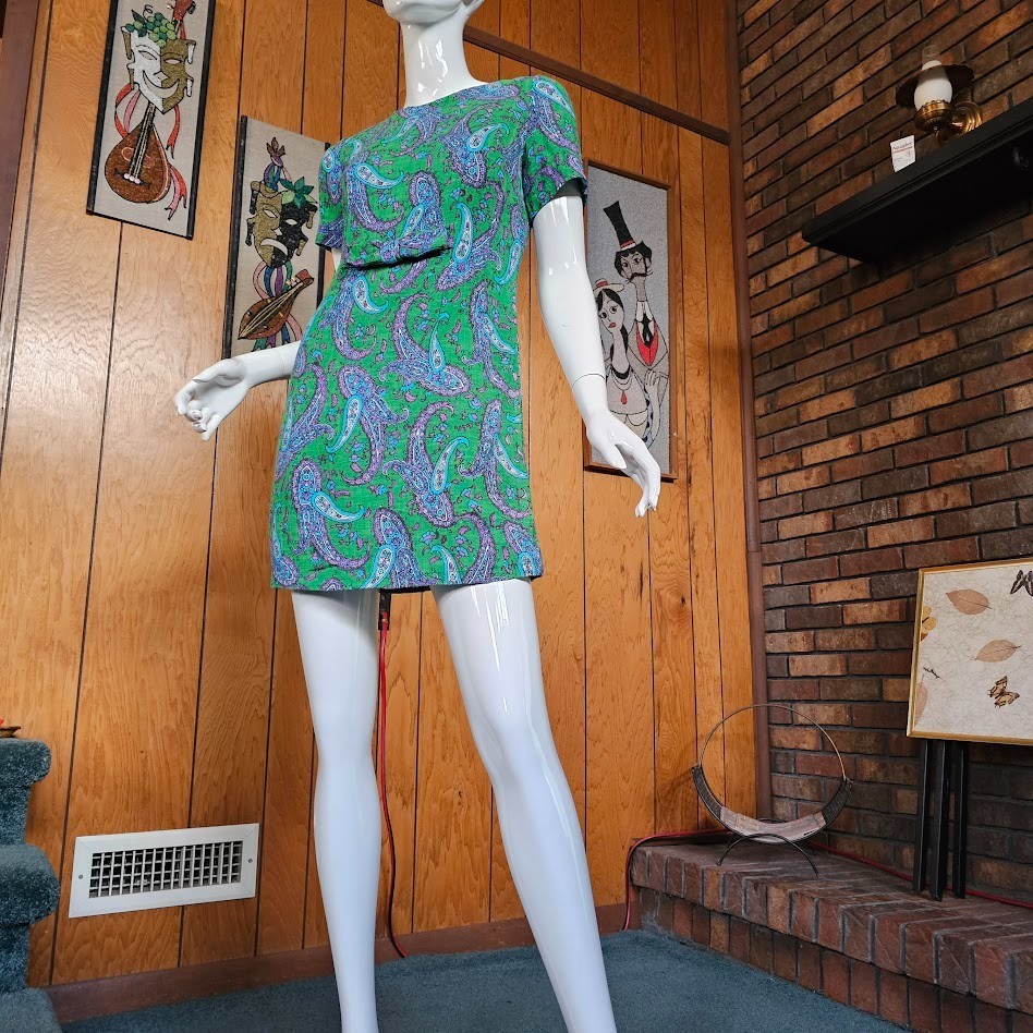 Vintage 60s Mod Paisley Youthquake Go Go Party Twiggy Micro Mini Shift Dress S/M