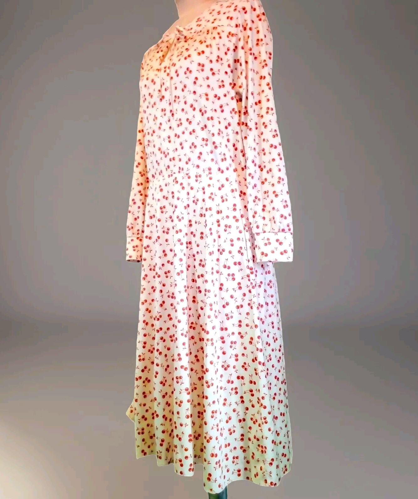 VTG 70s Novelty Cherries Print Midi Secretary Dress w Skinny Bow Elastic Waist M