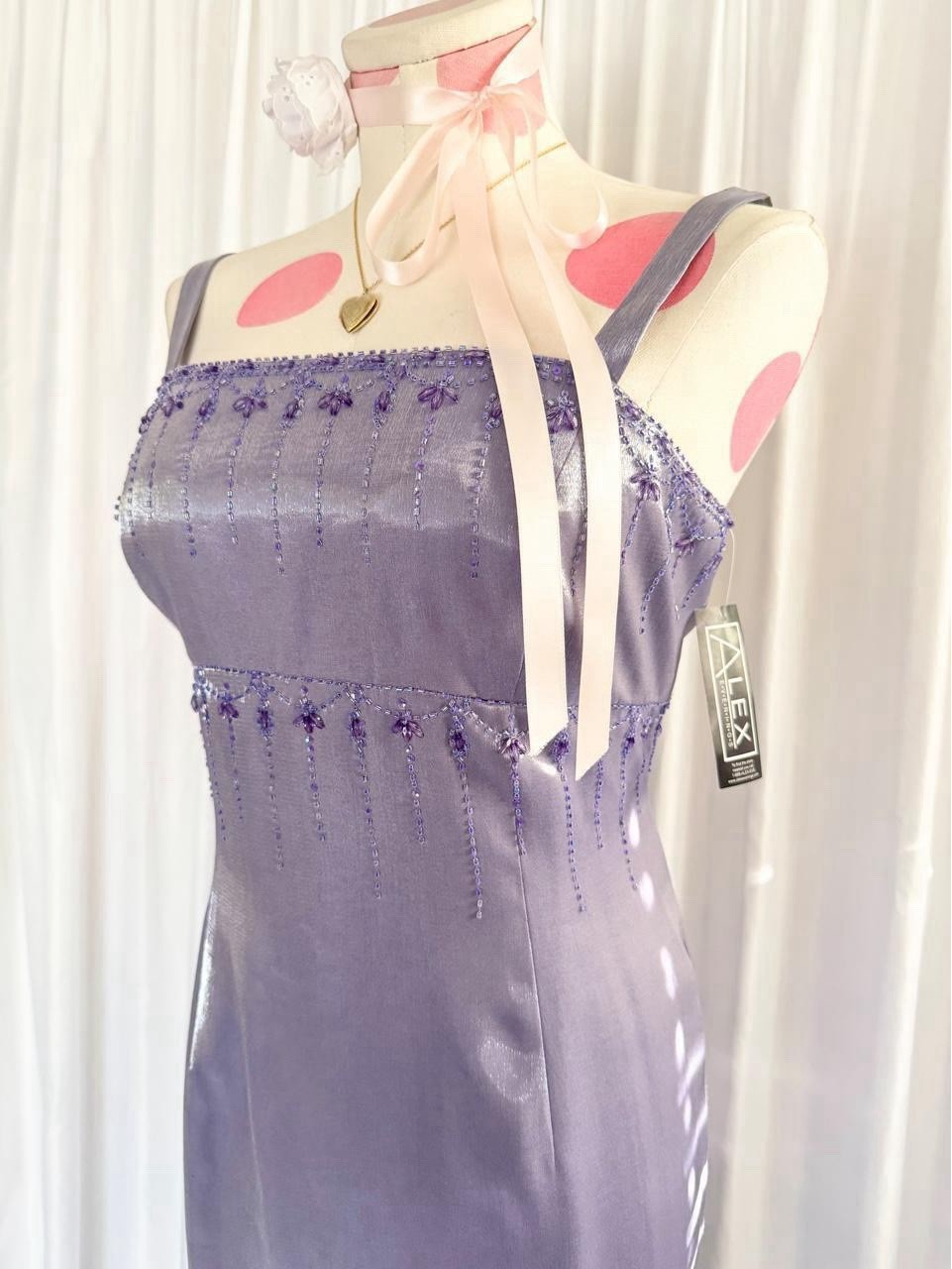 Vintage Y2K Purple Floral Fairy Beaded Sequin Shimmer Princess Formal Gown Dress