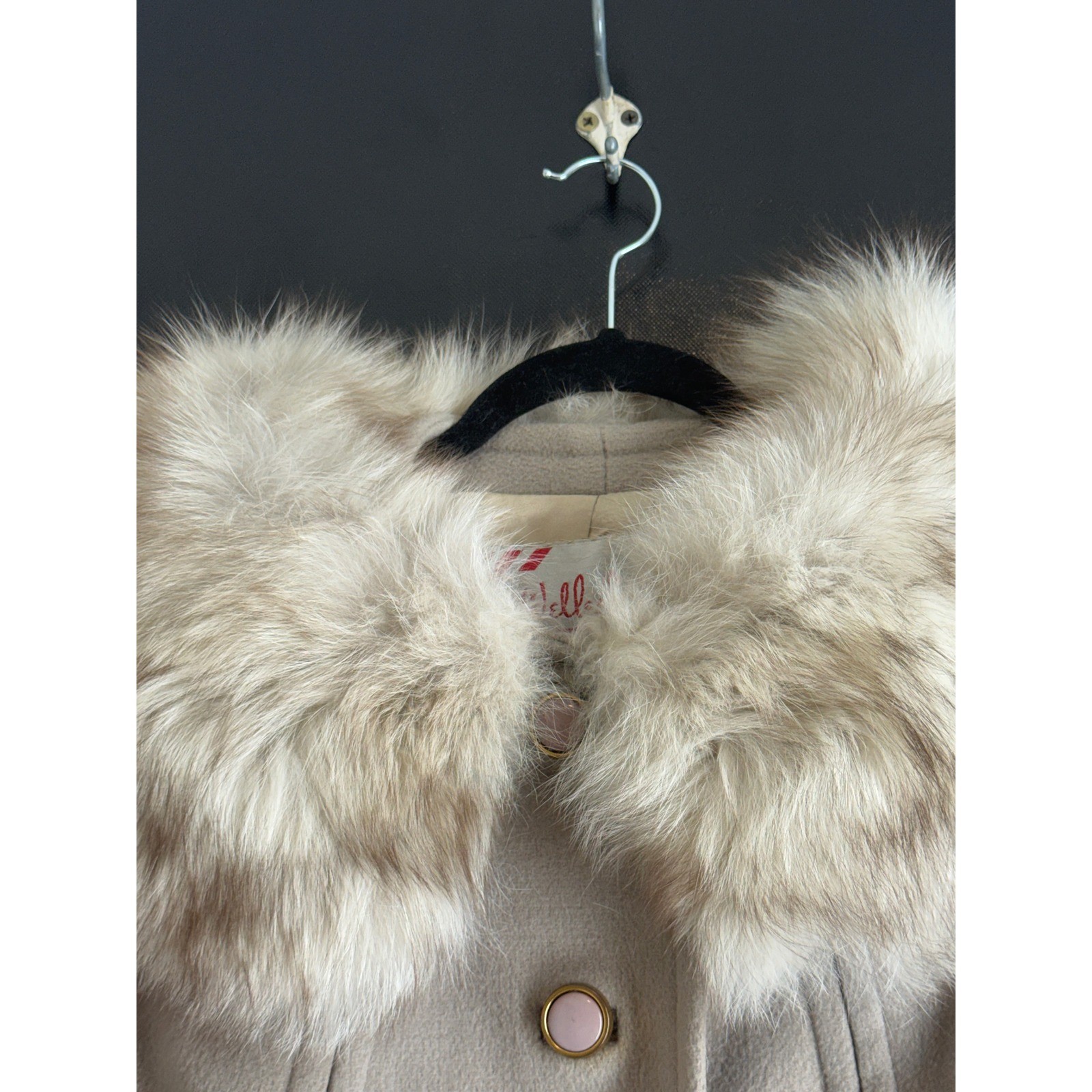 Vintage Wellesley Stevens Forstmann Wool Coat Faux Fur Collar Beige Long Jacket
