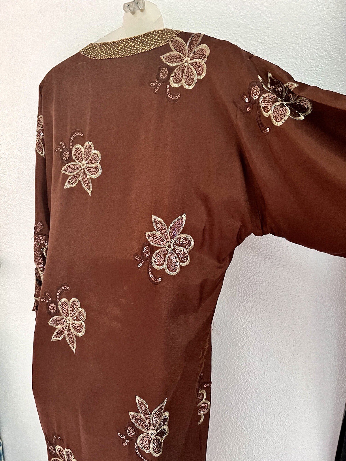 VINTAGE*MOROCCAN LONG BRONZE /SEQUIN djellaba*CAFTAN GOWN DRESS~M/L
