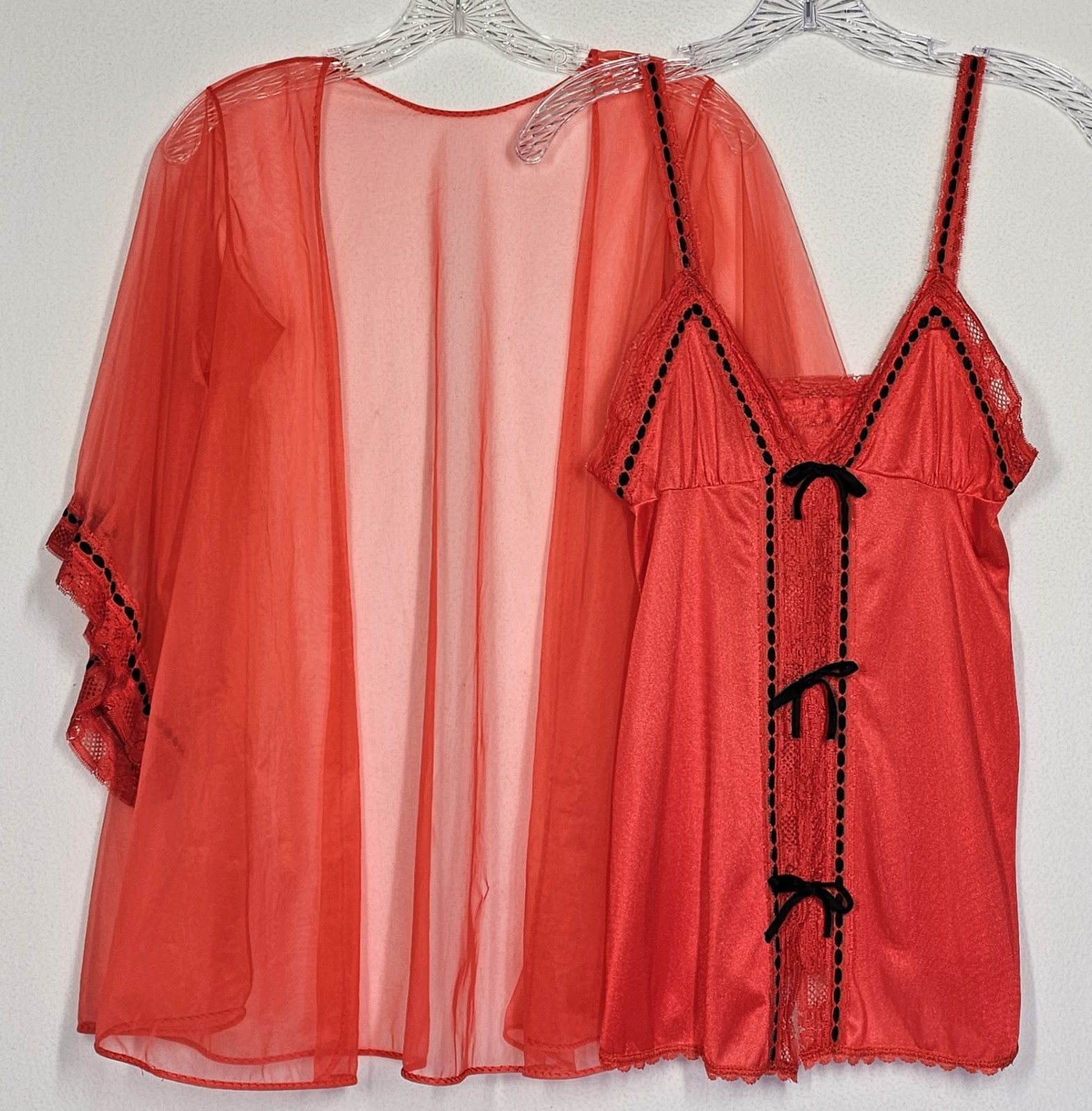 Vtg Pandora 2 Pc Sheer Peignoir Set Red Black Chiffon Small Babydoll Negligee
