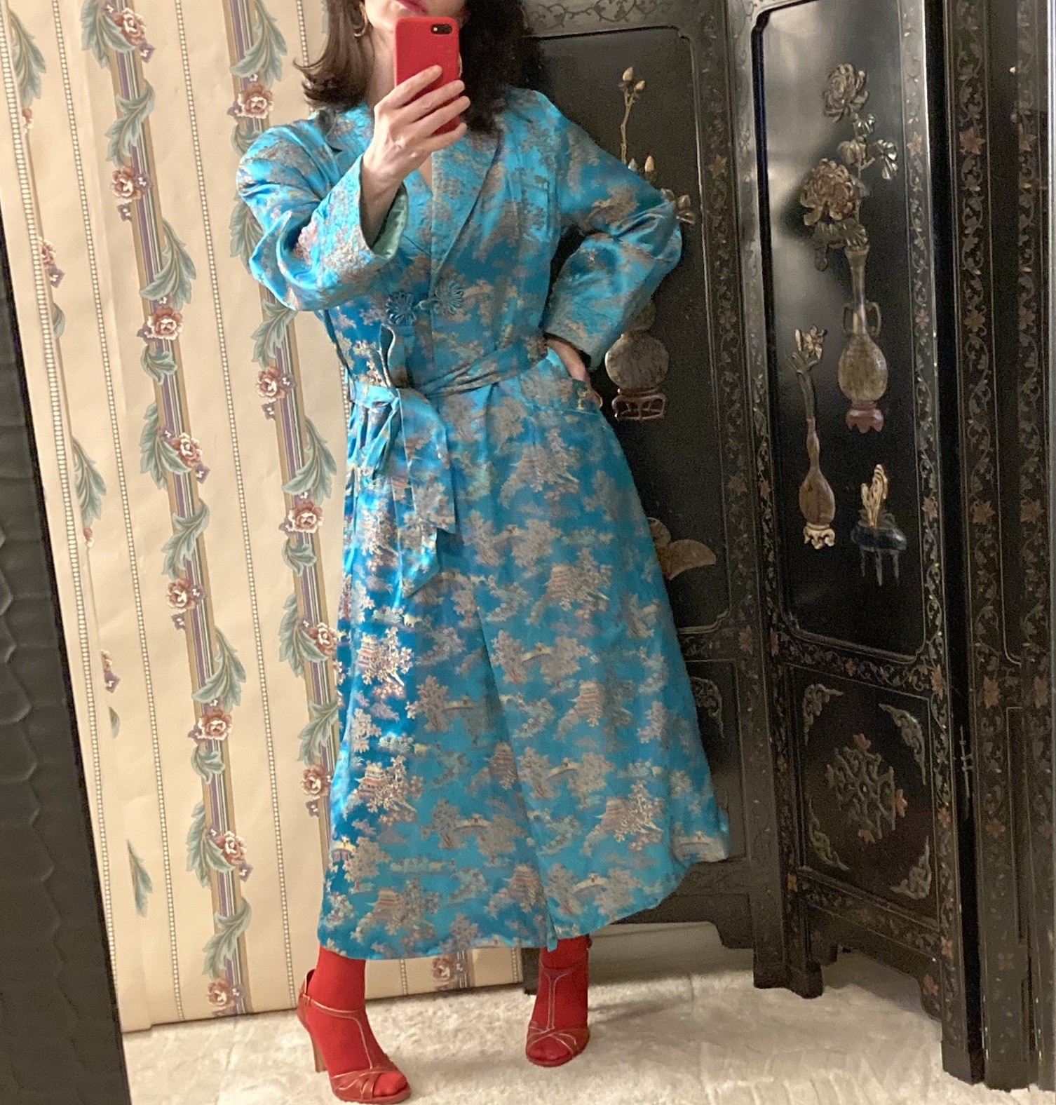 Vintage Blue Brocade Asian Robe, M. M. Comfort Wear, Made In Hong Kong