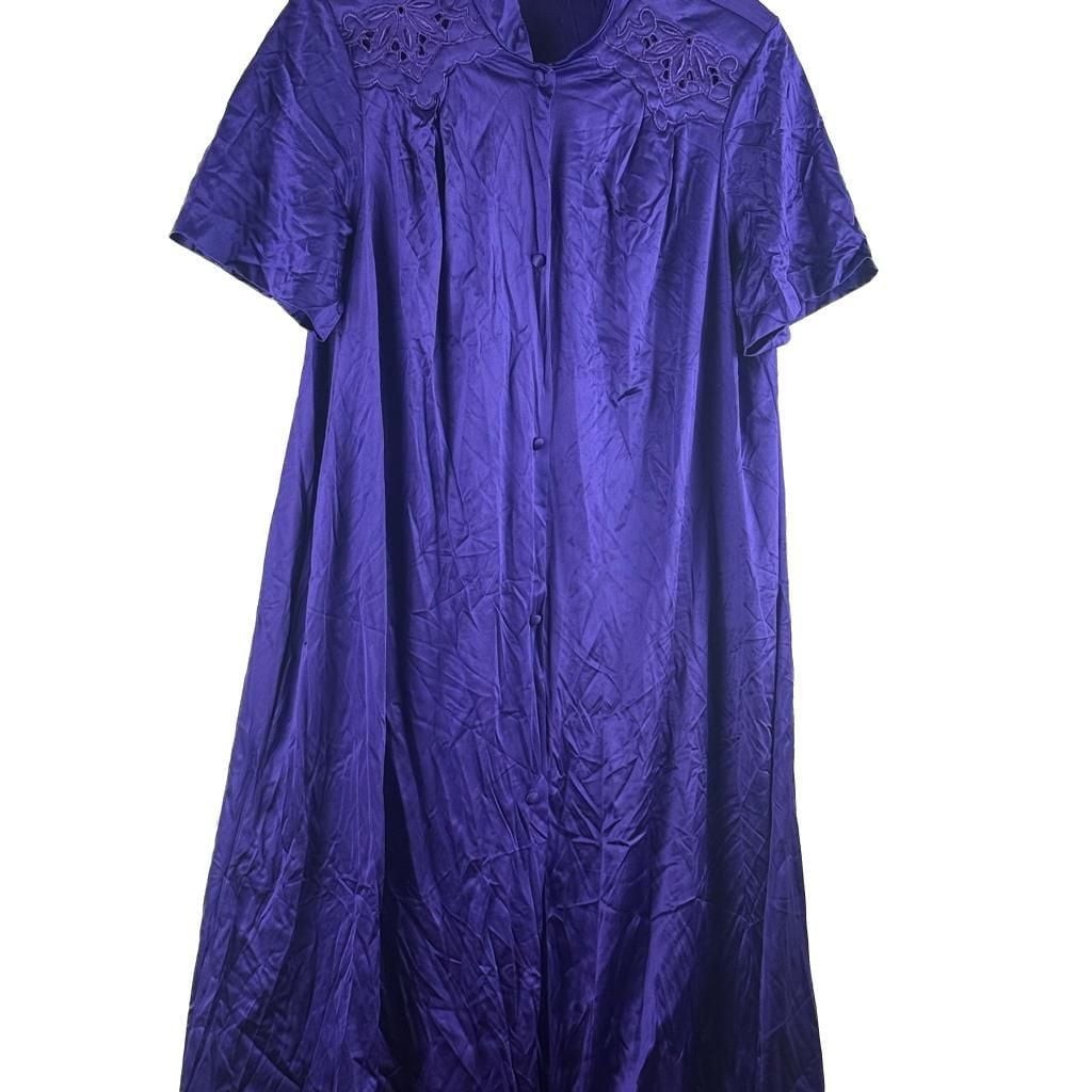 Vintage Vanity Fair Womens Large Purple Satin Nightgown House Coat Robe Button F