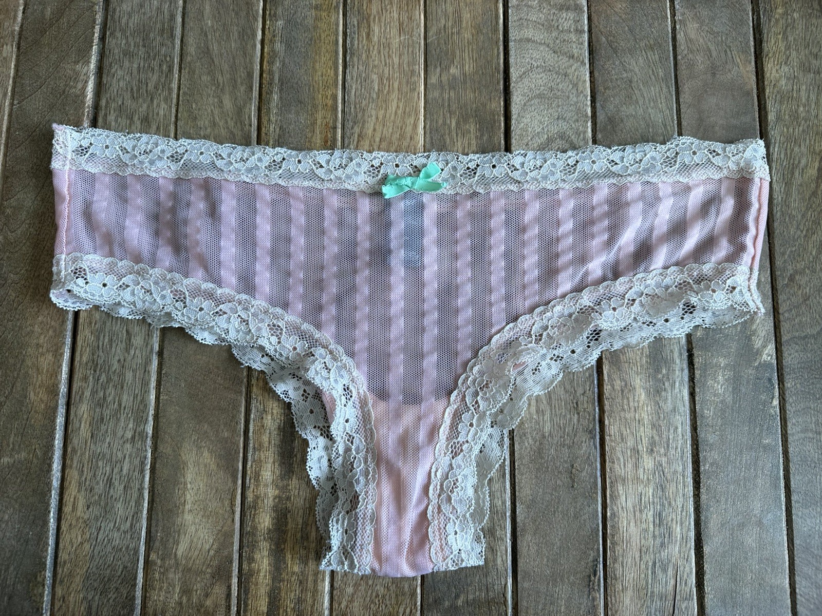 Vtg Aerie M Pink Luxe Striped Hipster Bikini Panties W Ivory Lace Trim