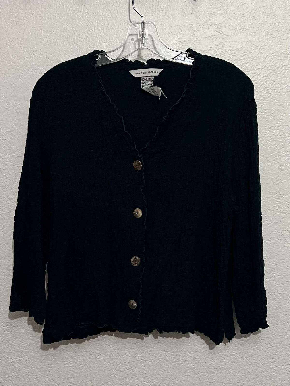Nomadic Traders Vintage Large Teal Lagenlook Gen Z Smocked Button Down Top