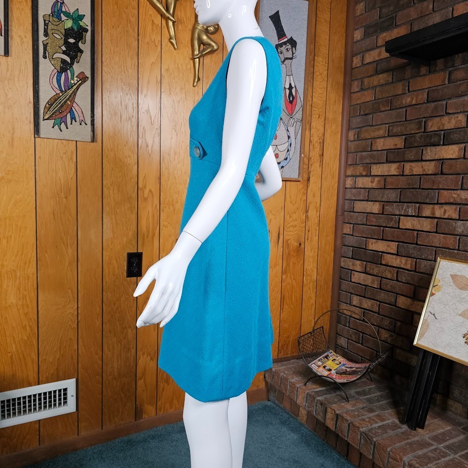 Vintage 60s Mod Go Go A-Line Empire Mini Shift Teal Texture Knit Party Dress M/L