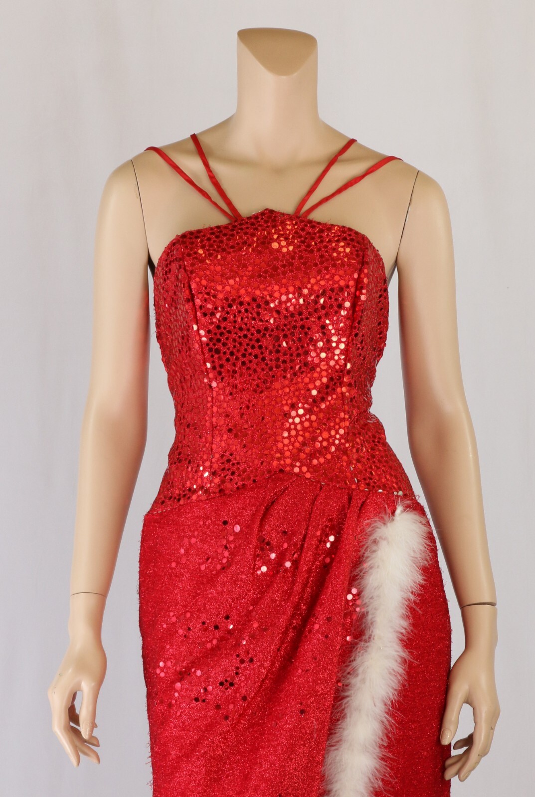 Flirtations Vintage 80s 90s Red Sequin White Feather Holiday Party Prom Dress 10