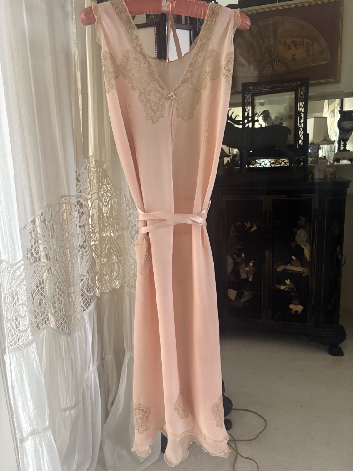1930s Pink Silk and Lace Maxi Flapper Slip Dress with applique flowers