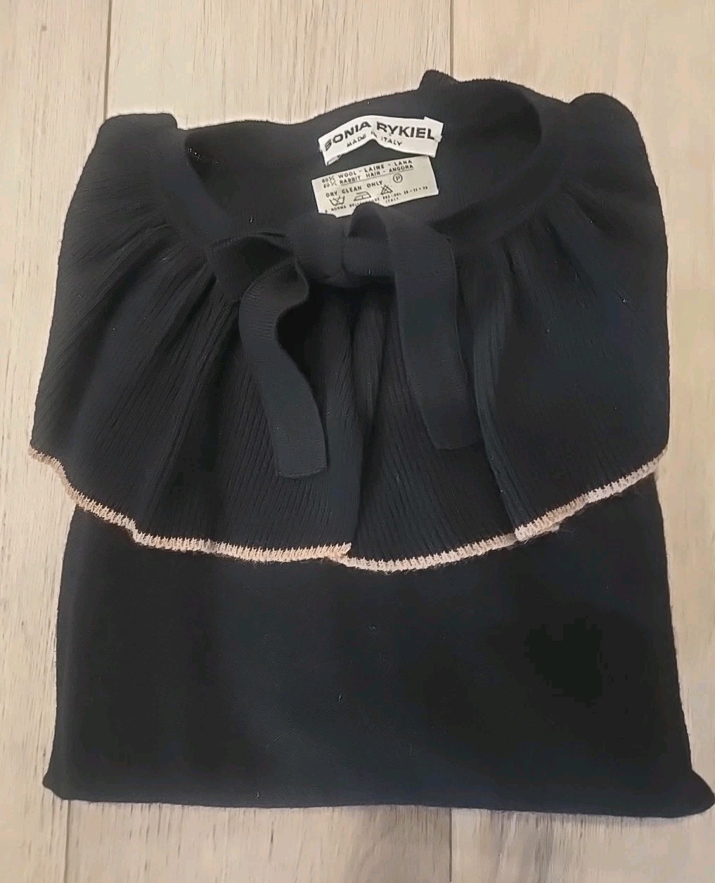 VTG Sonia Rykiel Black Angora/Wool Sweater Poet Collar Neck Tie Sz 38 (Small)