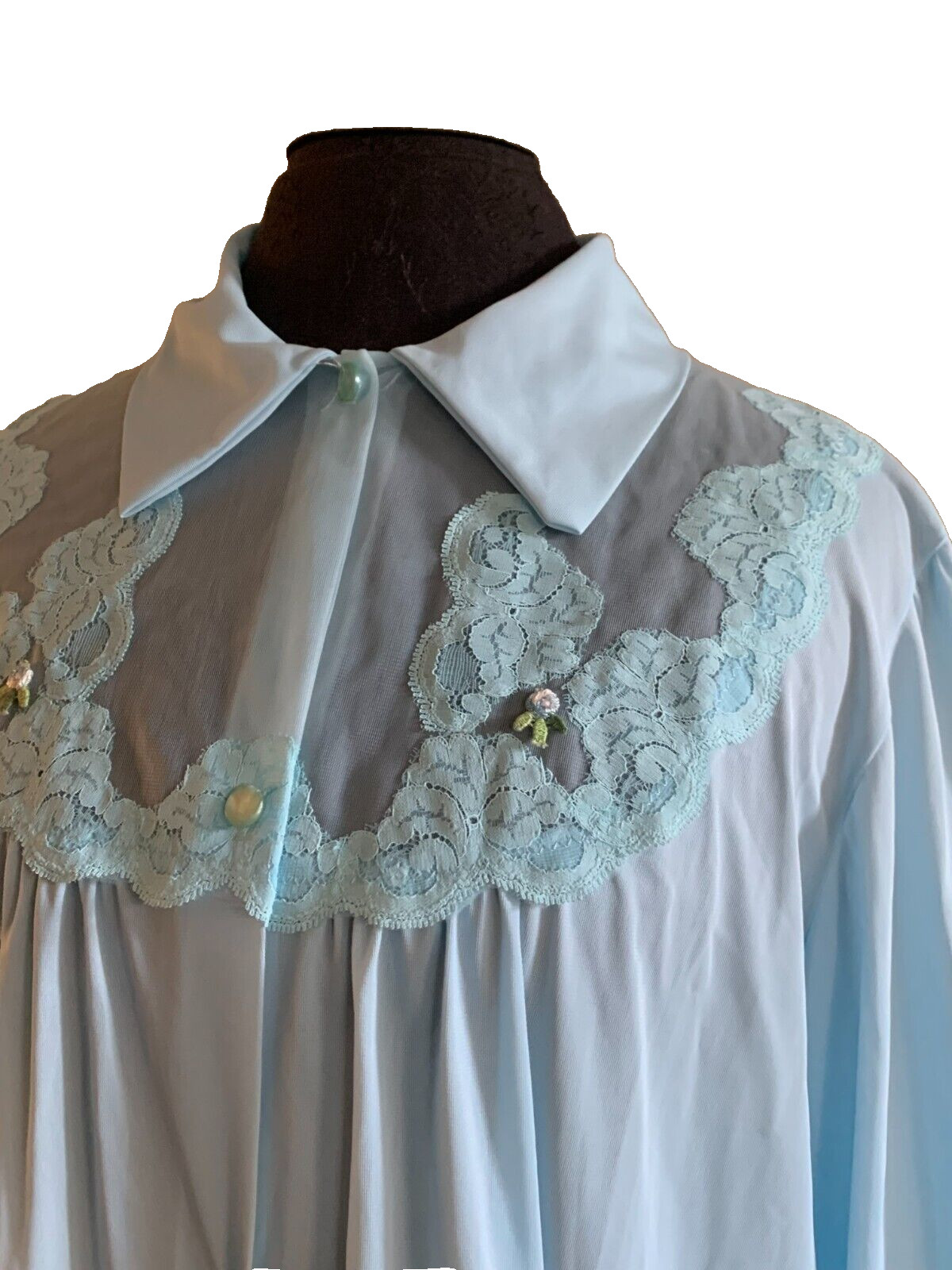 Vtg Blue Nylon Button Front Lace Flowers Robe House Coat Texsheen NEW – Sz L