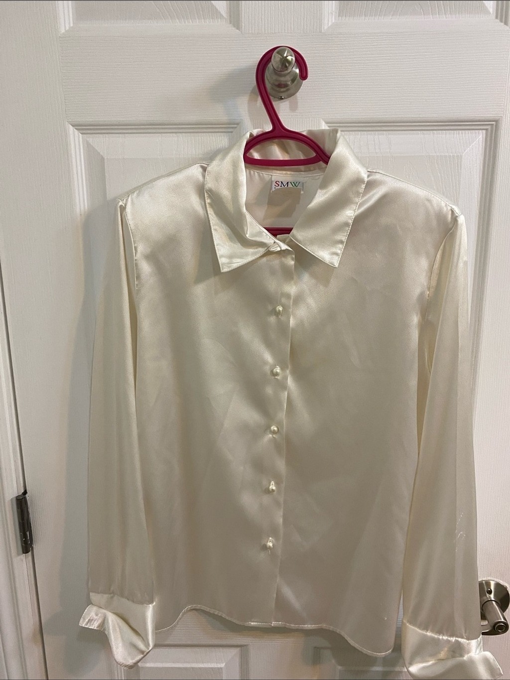 Vintage 80s Silky Blouse with Shoulder Pads Pearl Buttons Canada Women’s Large