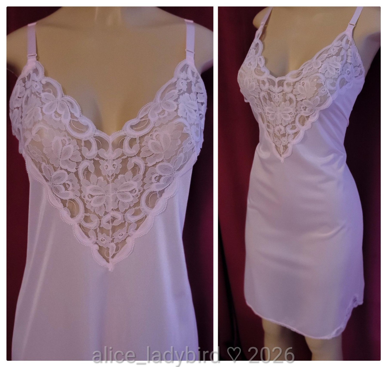 SILKY Vintage PINK Full Dress SLIP Floral LACE Top Satin NYLON Lingerie ~L 38-40