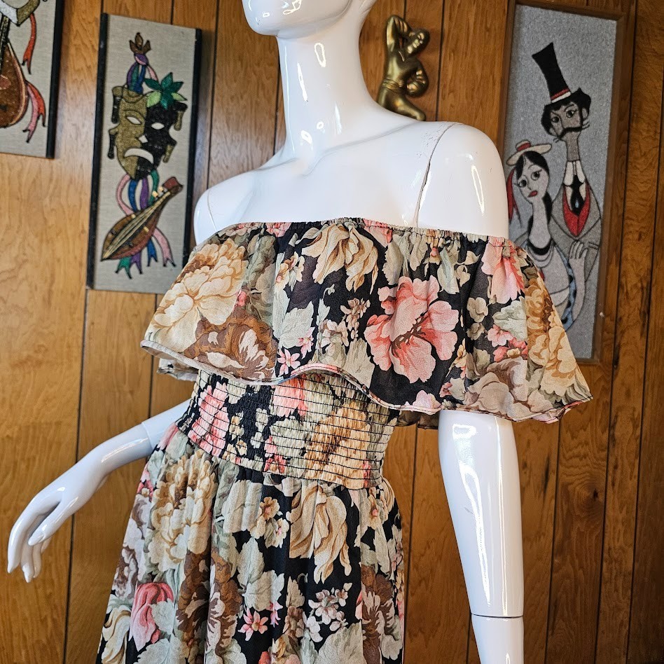 Vintage 70s Floral Flamenco Hippie Garden Party Ruffled Off Shoulder Sun Dress S
