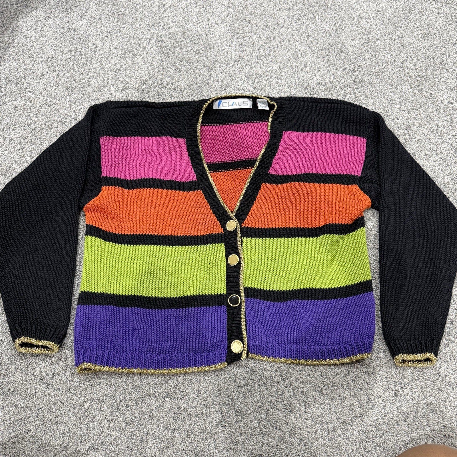 Vintage 80s 90s Colorblock Cardigan Sweater Neon Retro Chic Cotton Ramie Large