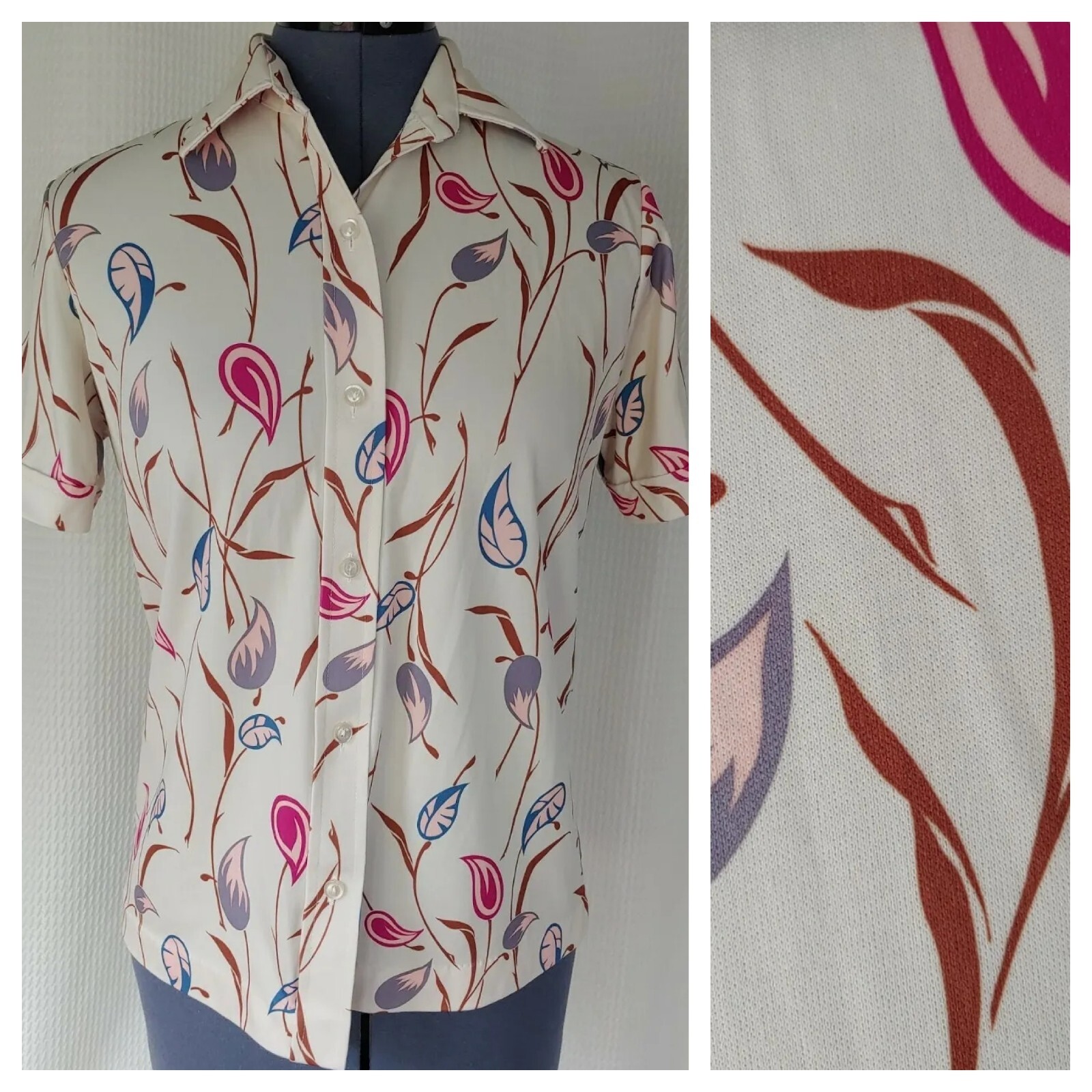 Vintage Sears Cream Button Down Top with Pink/Grey/Peach/Brown Florals Size 12