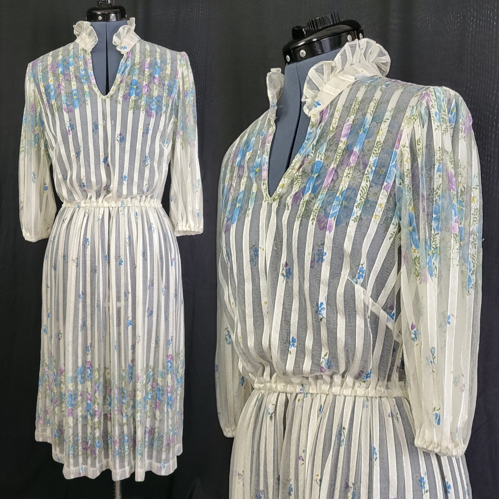 Vintage Creamy White Sheer Floral Blouson Dress w Stripes Size M/L?