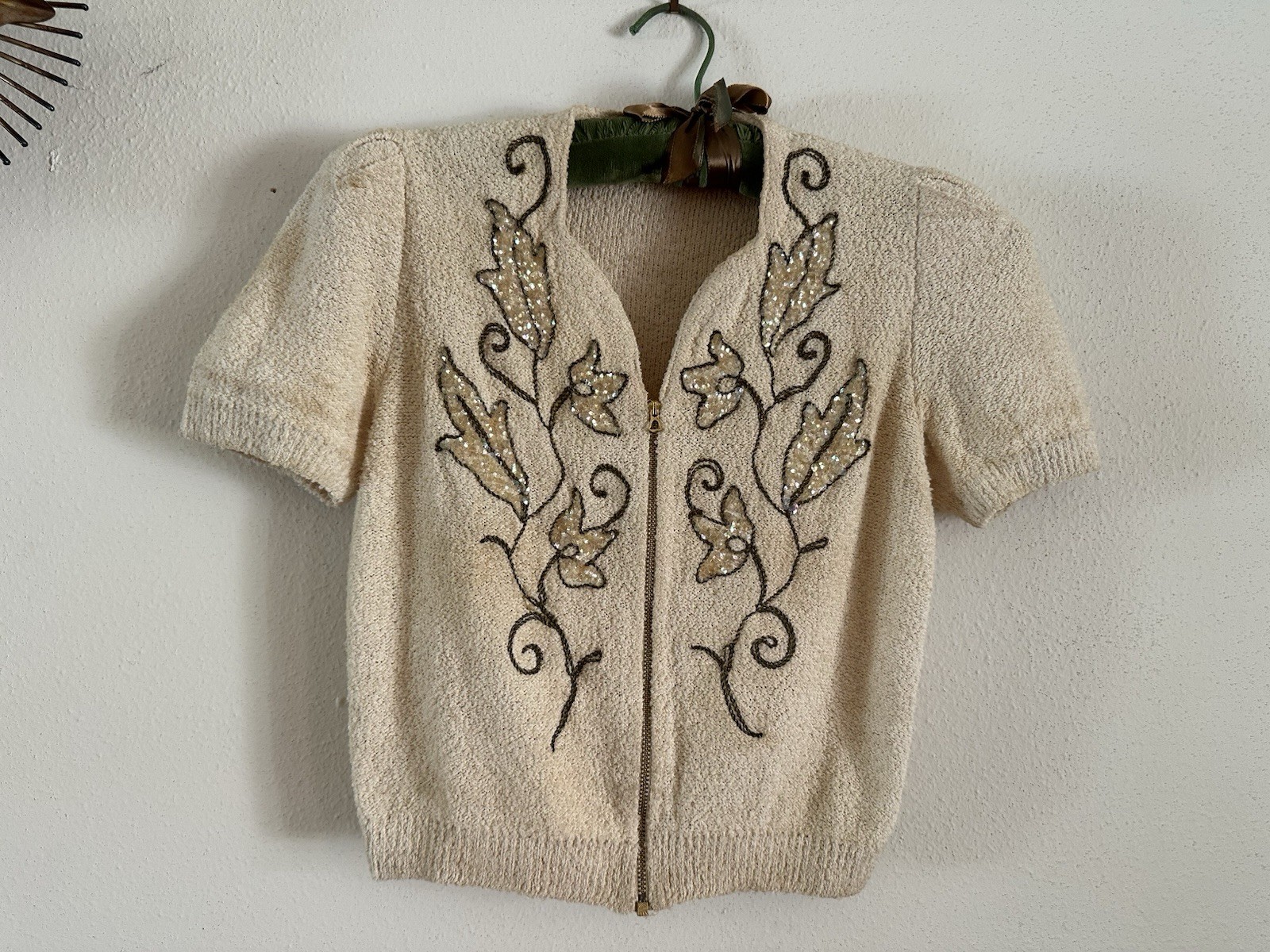 1930s Boucle Sequin Cardigan Sweater Talon Bell Zip Puff Sleeve Art Deco