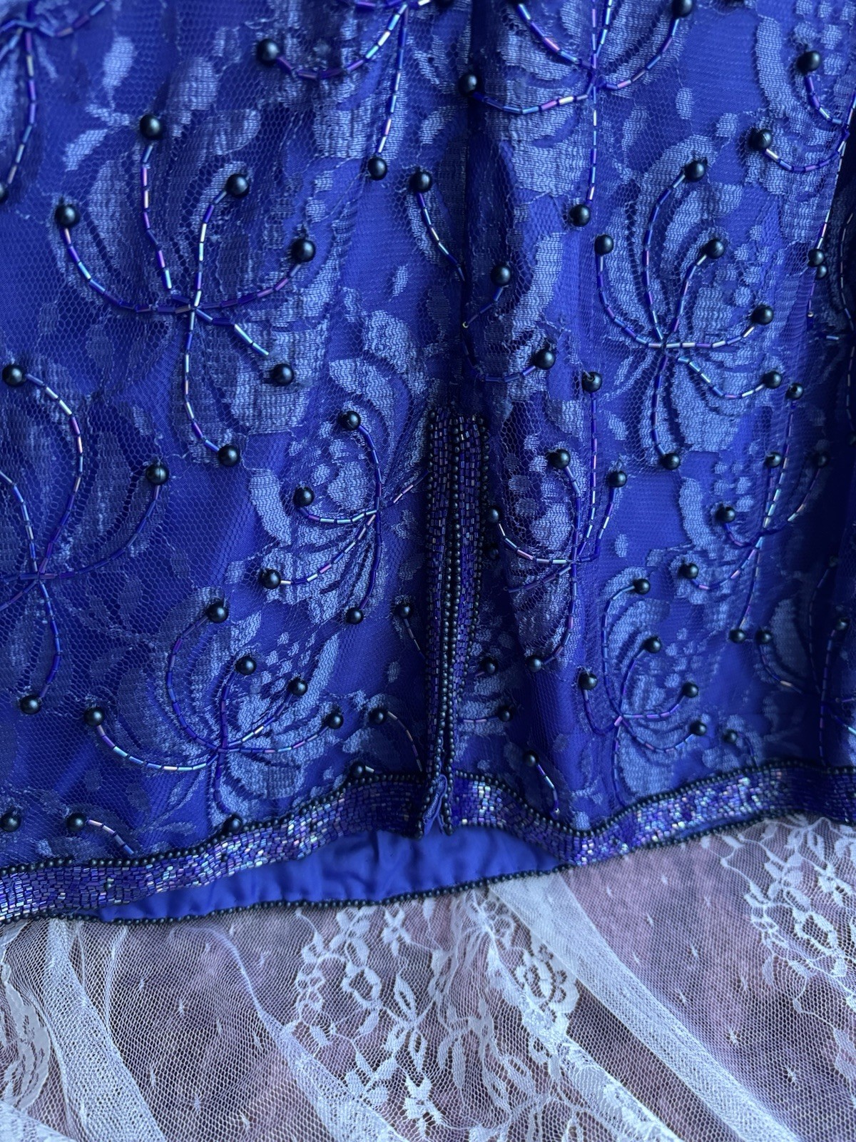 Vintage Fully Beaded Royal Blue Lace Party Dress (Size M-L) Special Occasion