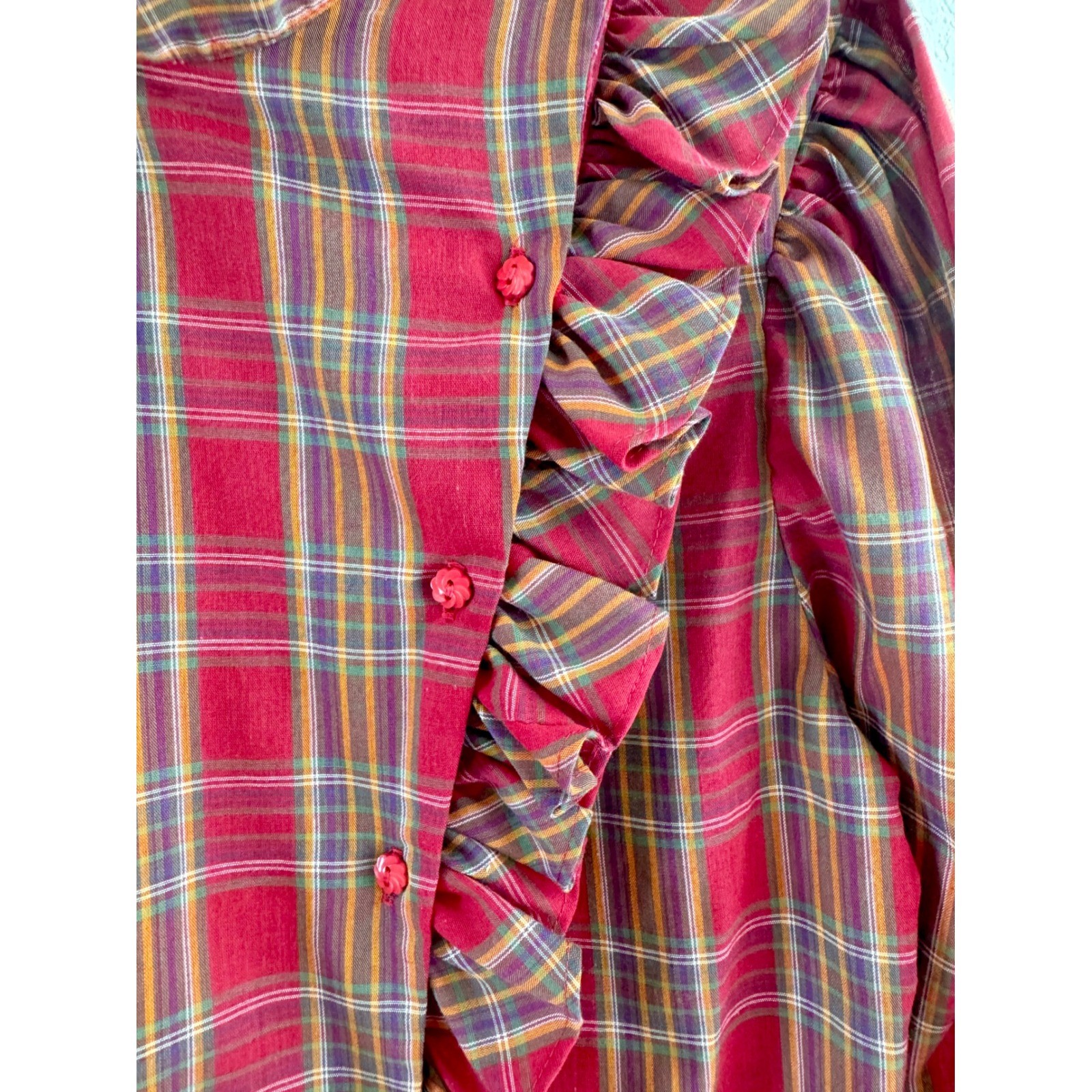 Present Tense Plaid Ruffle Blouse Womens Size M Red Vintage High Neck Victorian