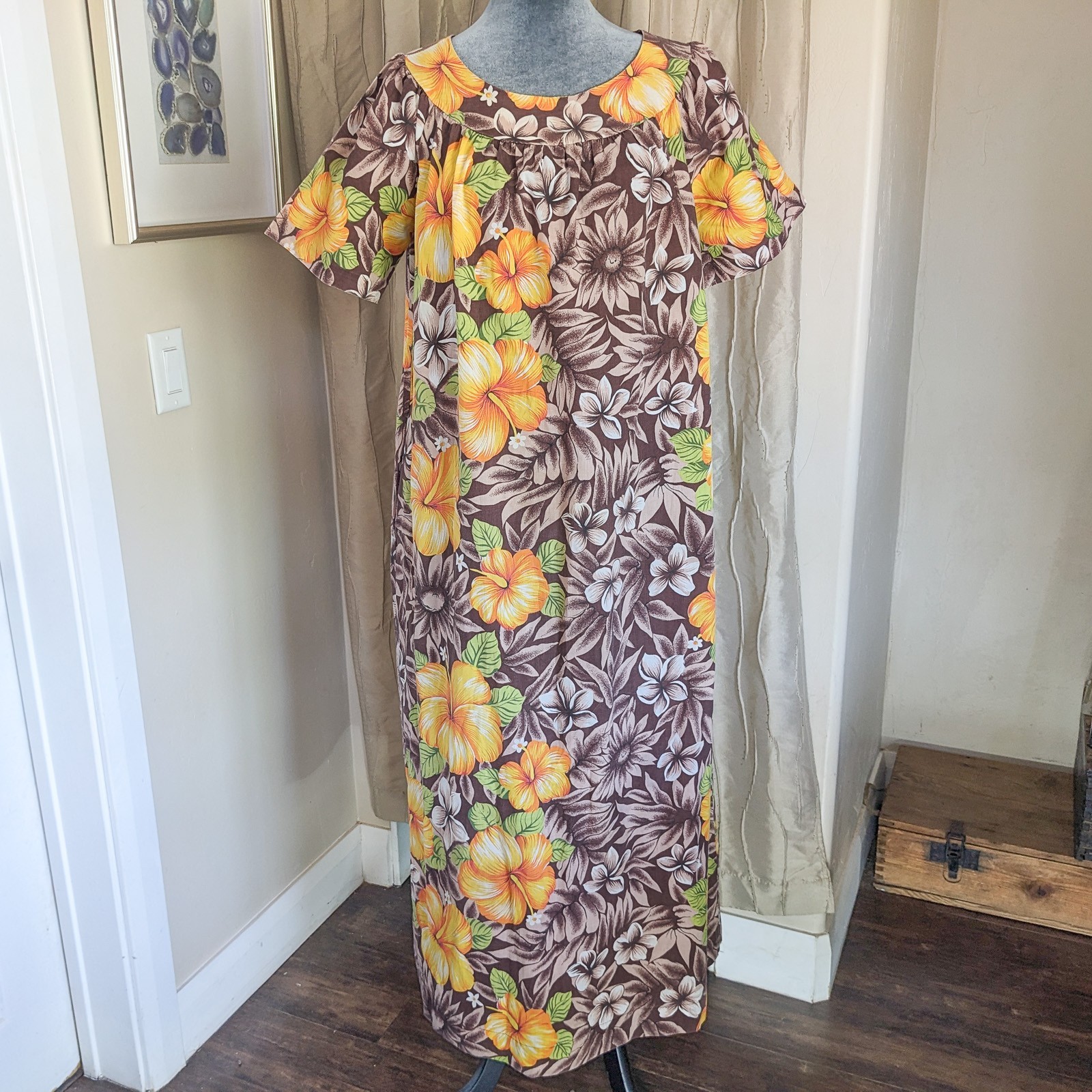 Vintage 70s Sears Tropical Hawaiian Maxi Dress S Brown Kaftan Caftan Muumuu