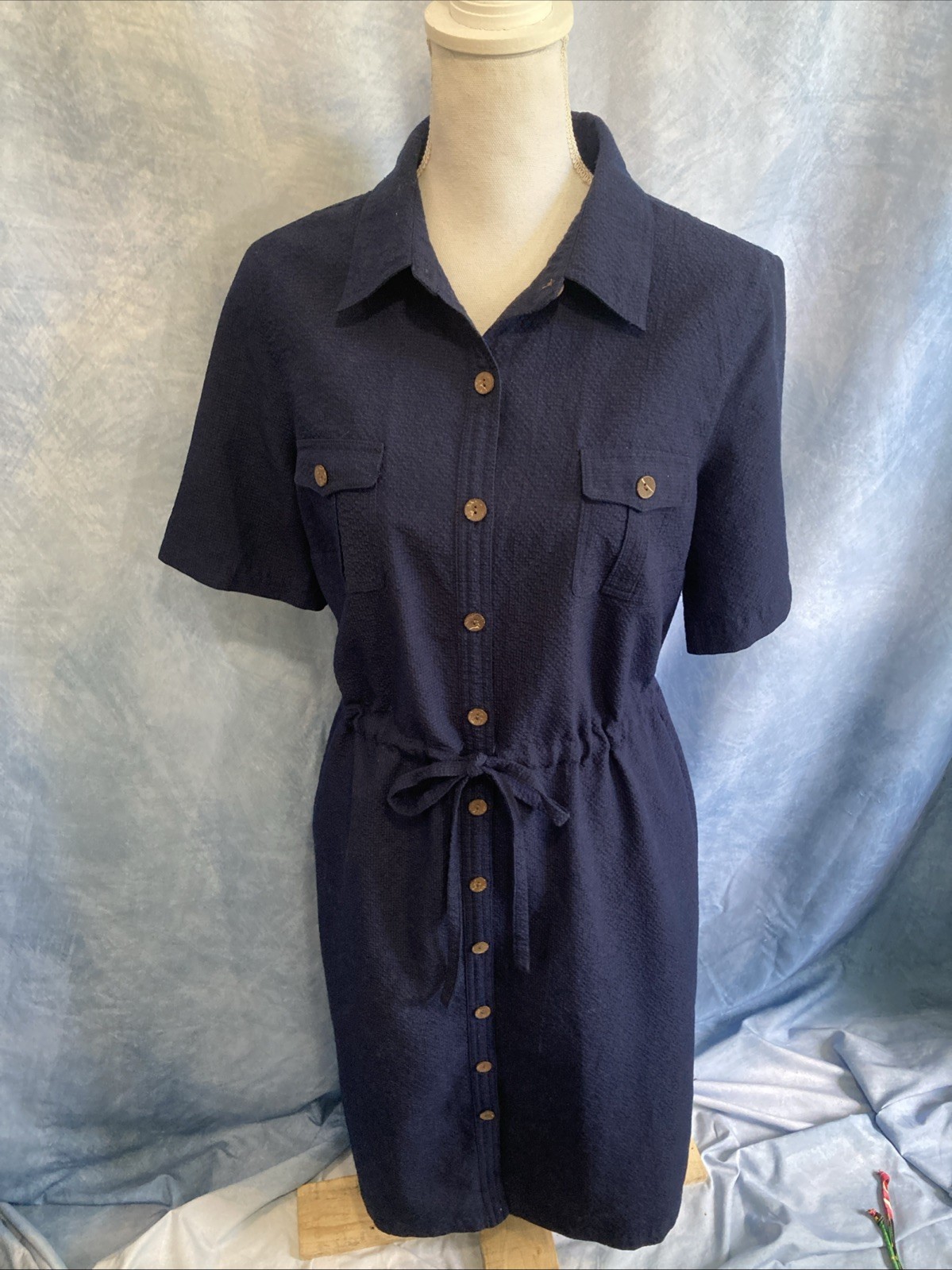 Vtg 90s Y2K Appleseeds Navy Blue Shirt Dress Sz 12 Utility Drawstring 50s Vibes