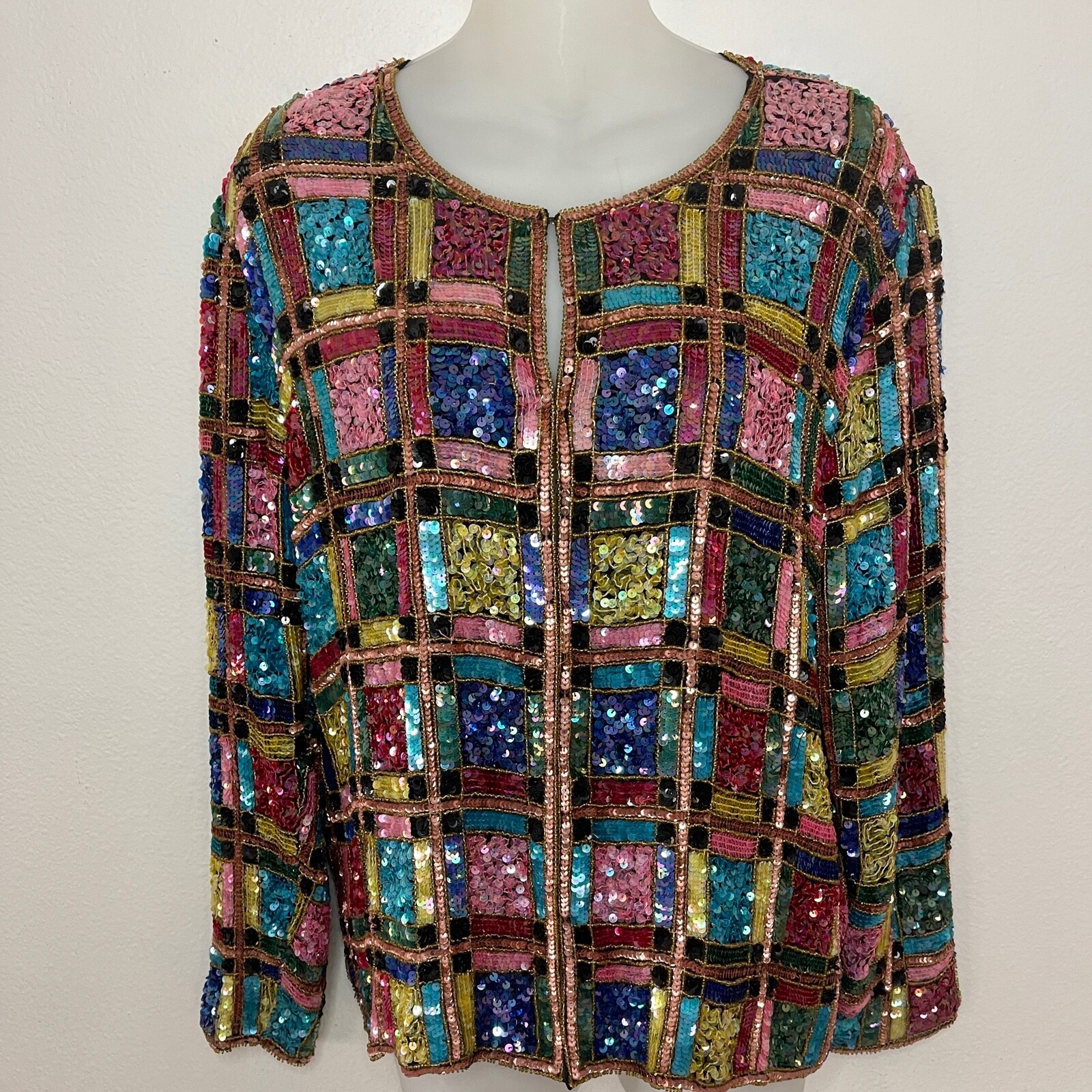 Channa Evening Jacket Sequin Embellished Silk Color Block Party Top VTG 80s M