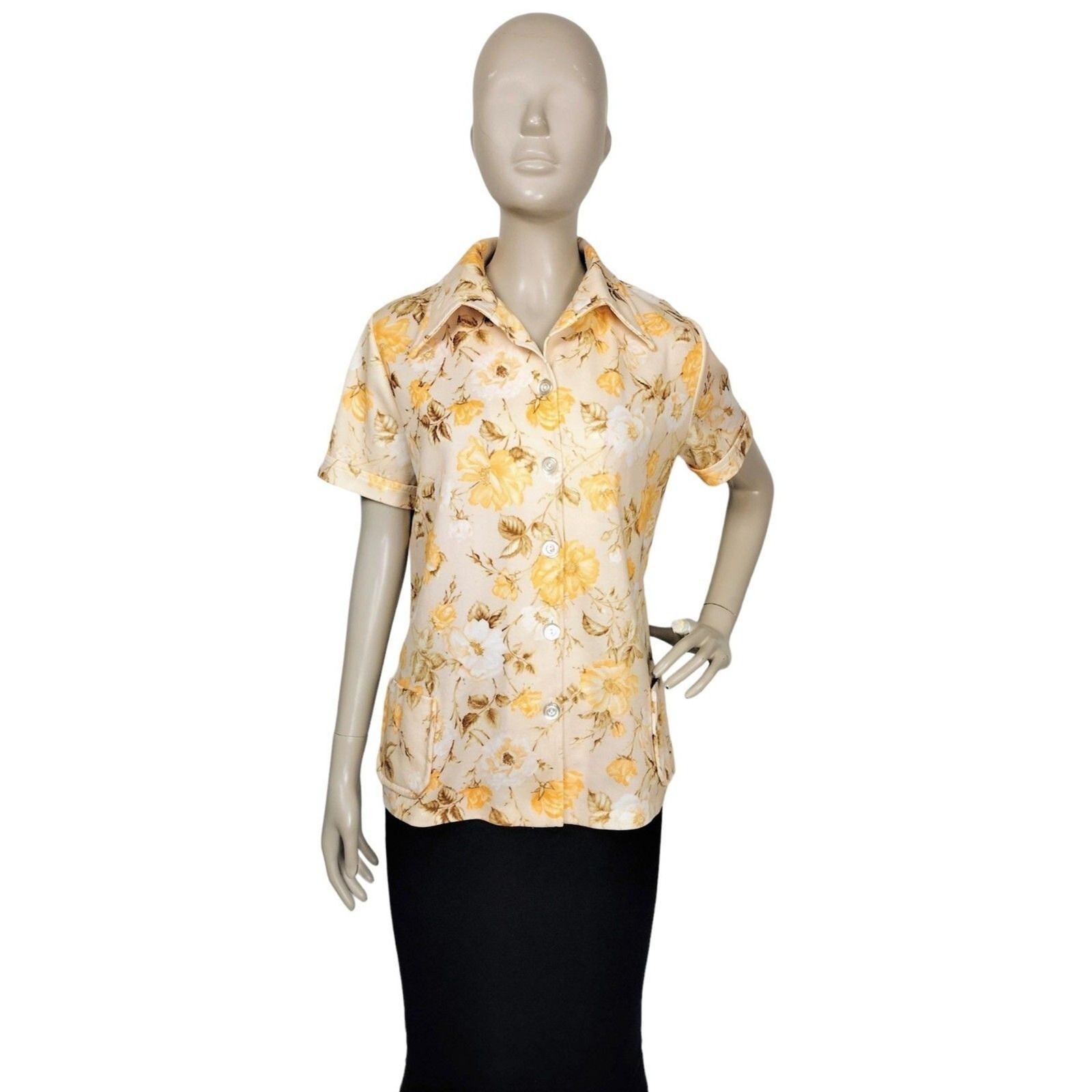 Vintage 70s Floral Button-Front Dagger Collar Sears Smock Top Women&rsquo;s Size M/L