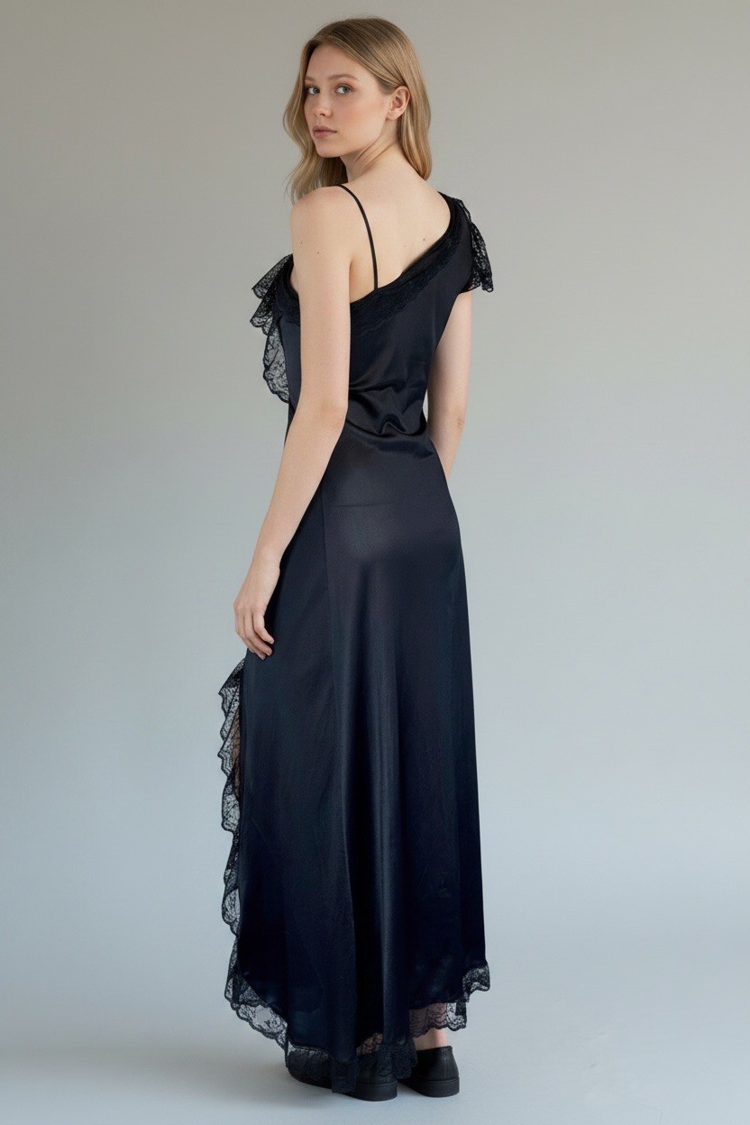 90s Dark Romantic Asymmetrical Black Negligee Slip Dress Nightgown | XS