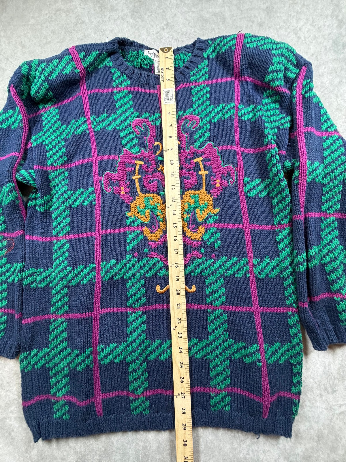 Vtg 90s Jacque & KoKo Plaid Crest Sweater 14/16 Ramie Cotton