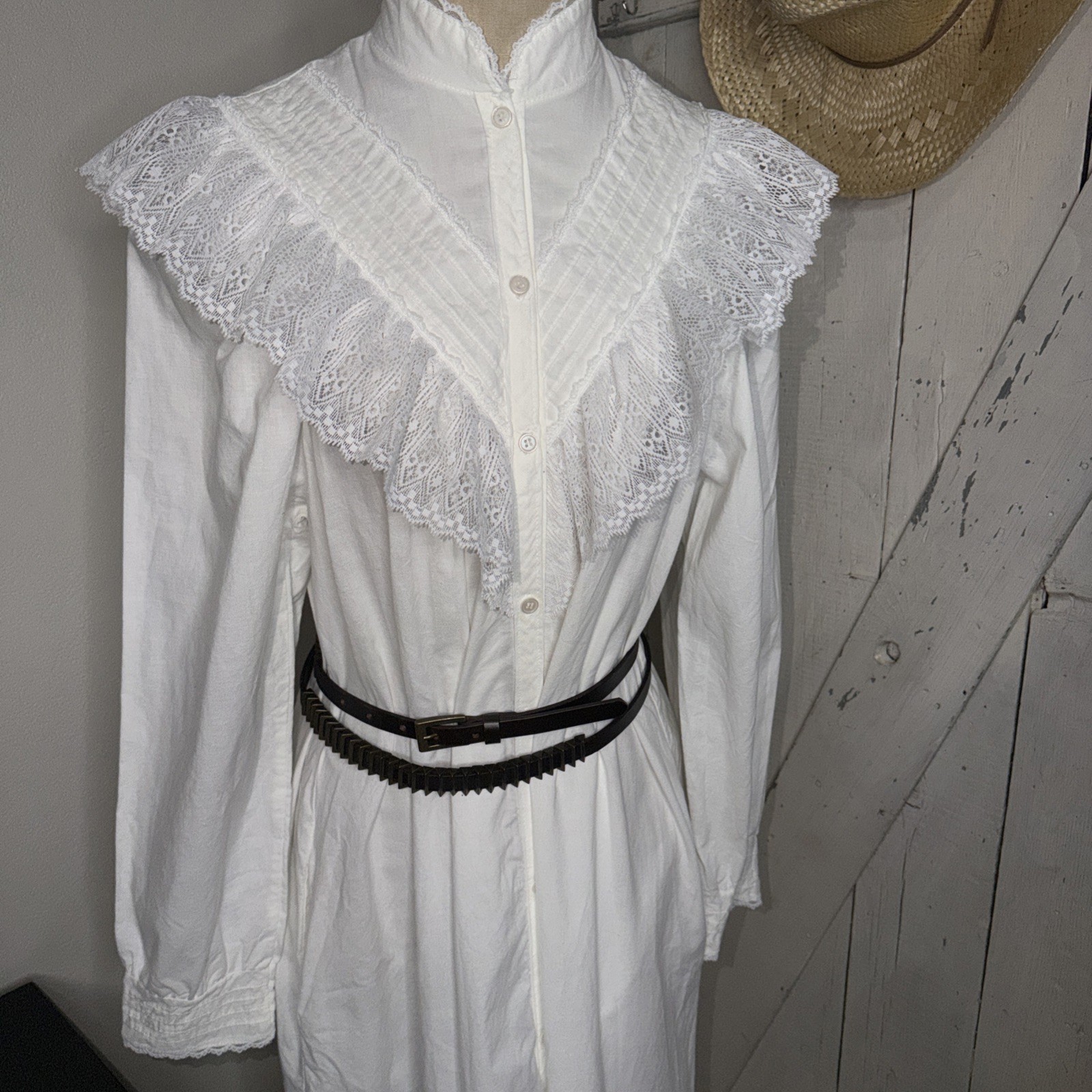 Vintage Periwinkle White Long Peasant Boho Dress High Neck Lace Ruffle Sz S USA