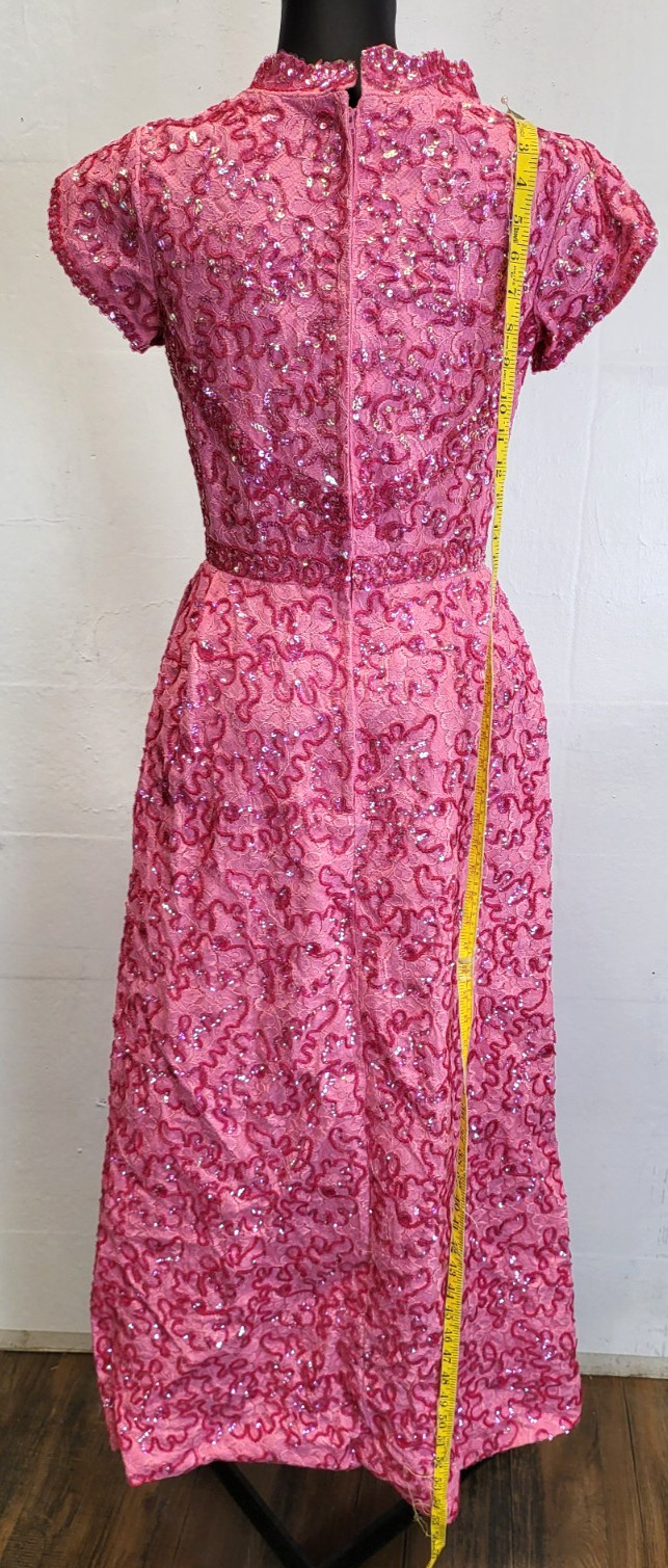 1960&rsquo;s Vibrant Pink Shimmering Sequin & Lace Hostess Gown Dress Size 10
