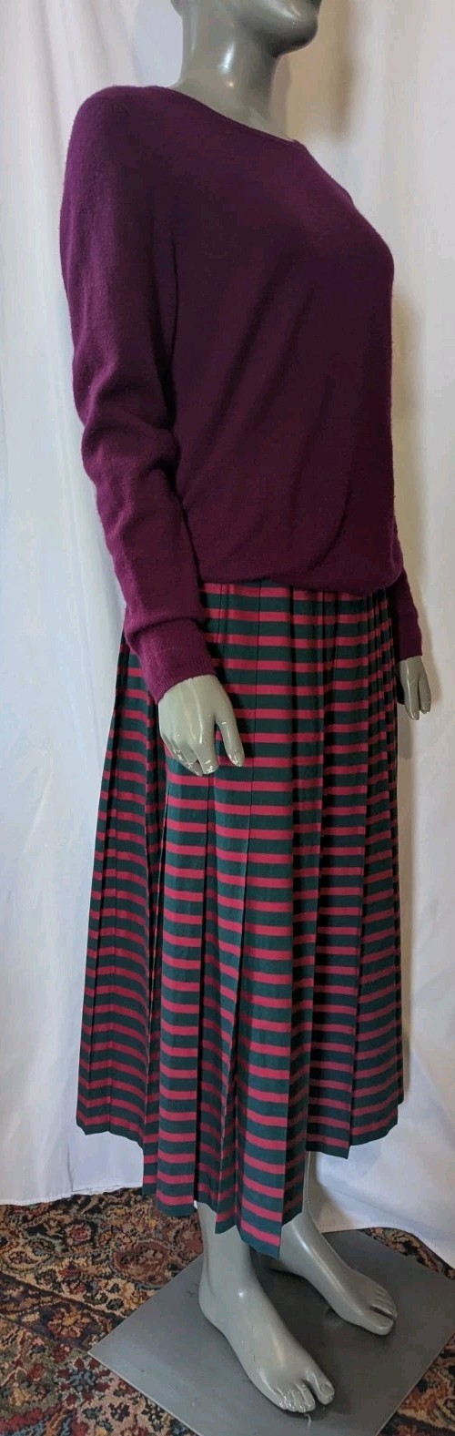 Vintage Cullinane Green Red Stripe Pleated Long Skirt w/Flower Closures 8/S