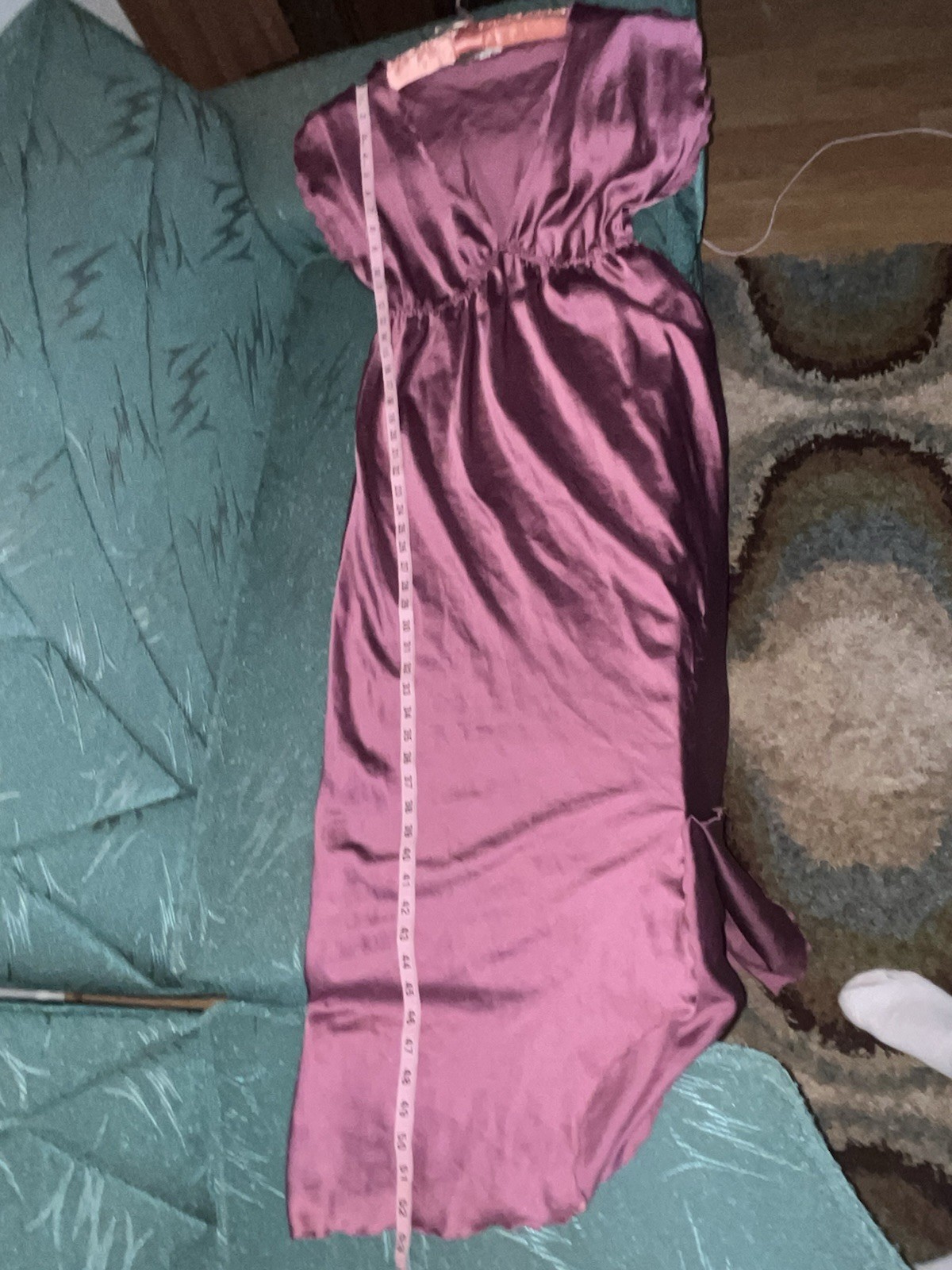 Vtg Miss Elaine Purple Satin Maxi Nightgown Large V Neck Flutter Sleeves