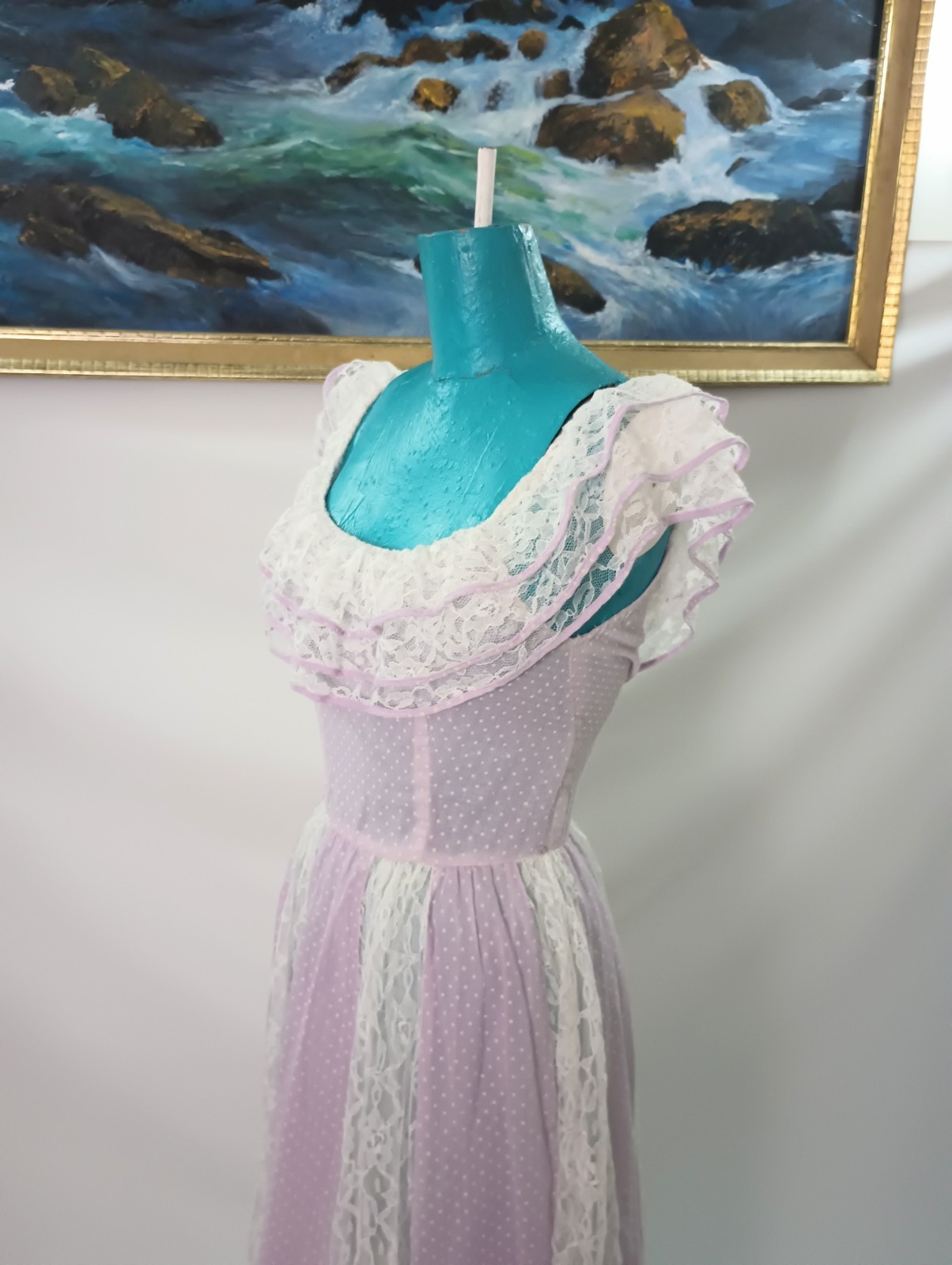 Soft Purple Lilac Cottagecore Polka Dot And Lace Vintage 1970s Dress Small XS
