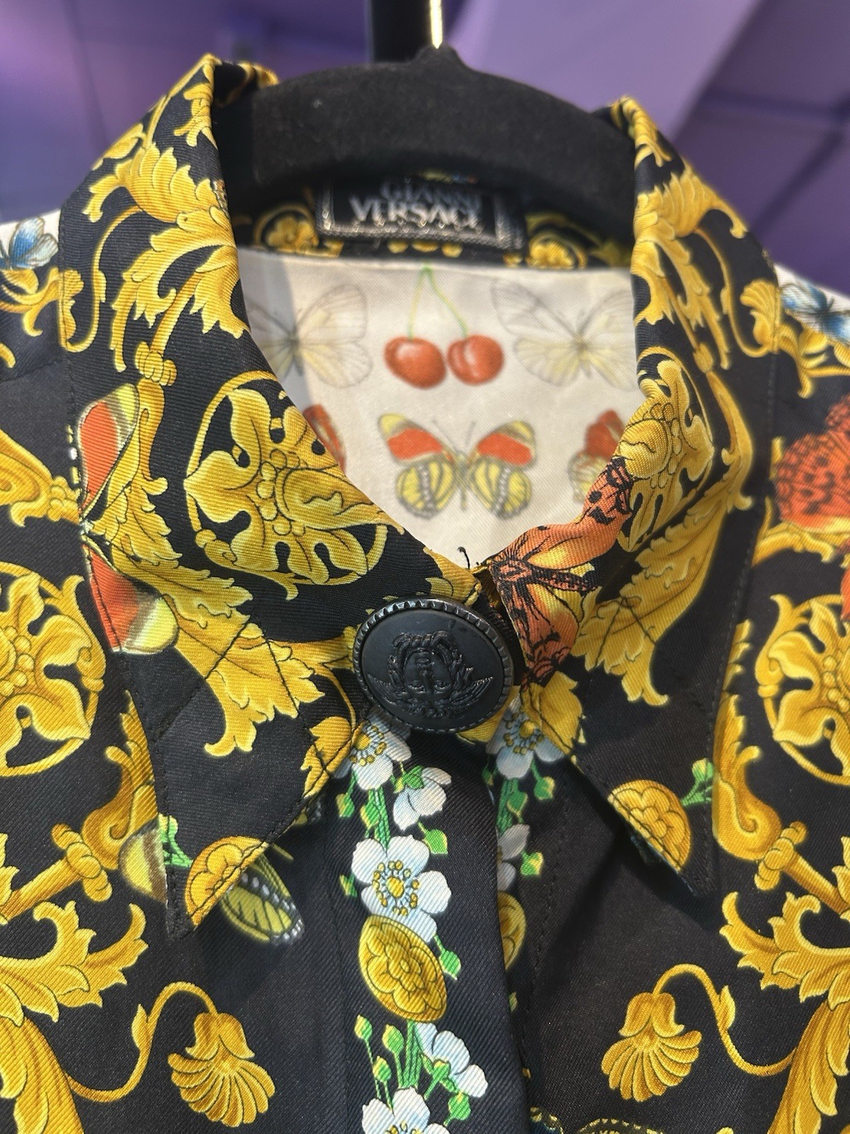 Vintage 1990s Gianni Versace Silk Blouse w/ Baroque Butterfly Fruit Print