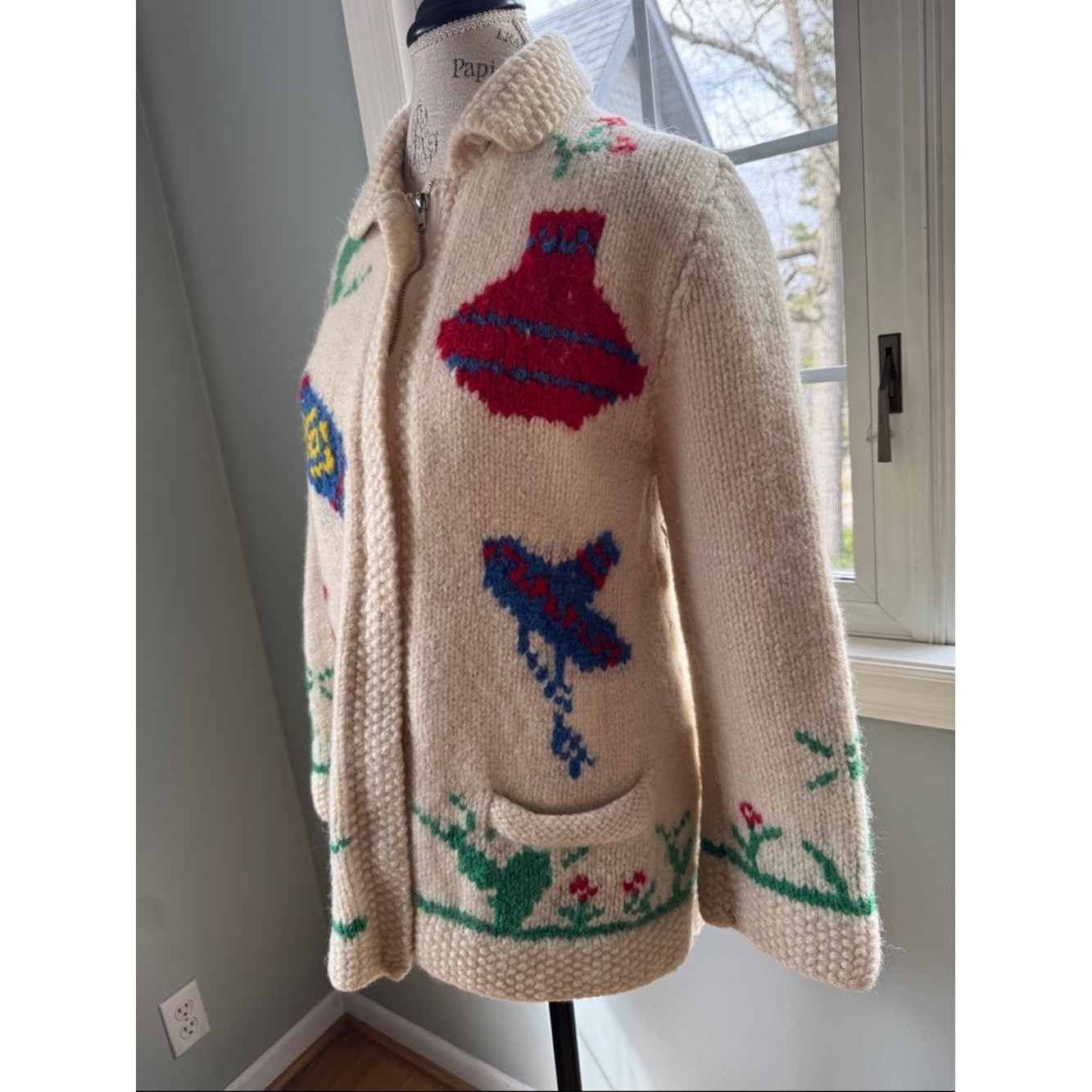Hand knitted 1950&rsquo;s vintage wool cowichan Mexican cactus burrow metal zip cardi