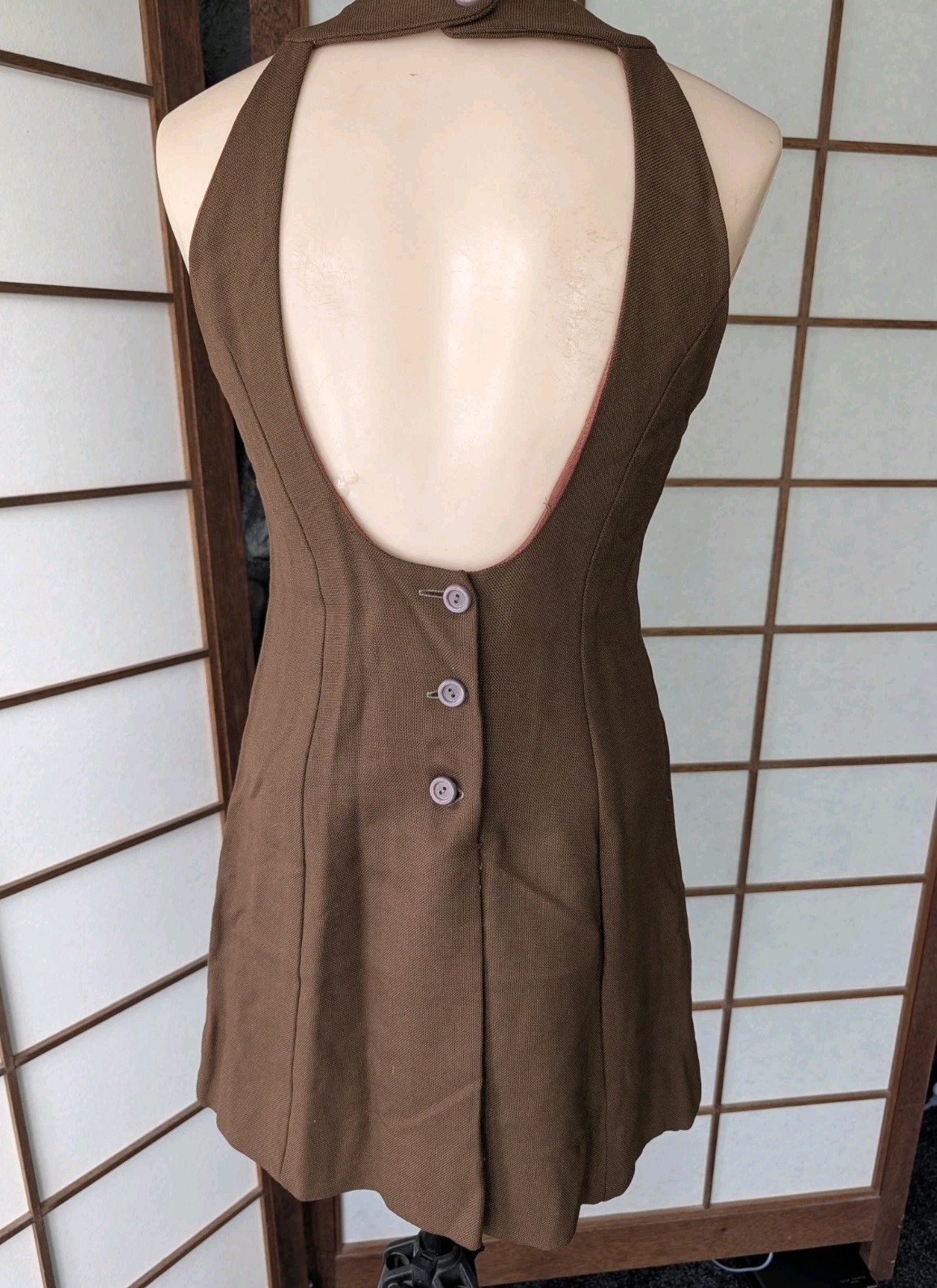 Vintage Brown Tweed Mini Dress Summer Sun Halter Open Back 1970s ILGWU Sz XS