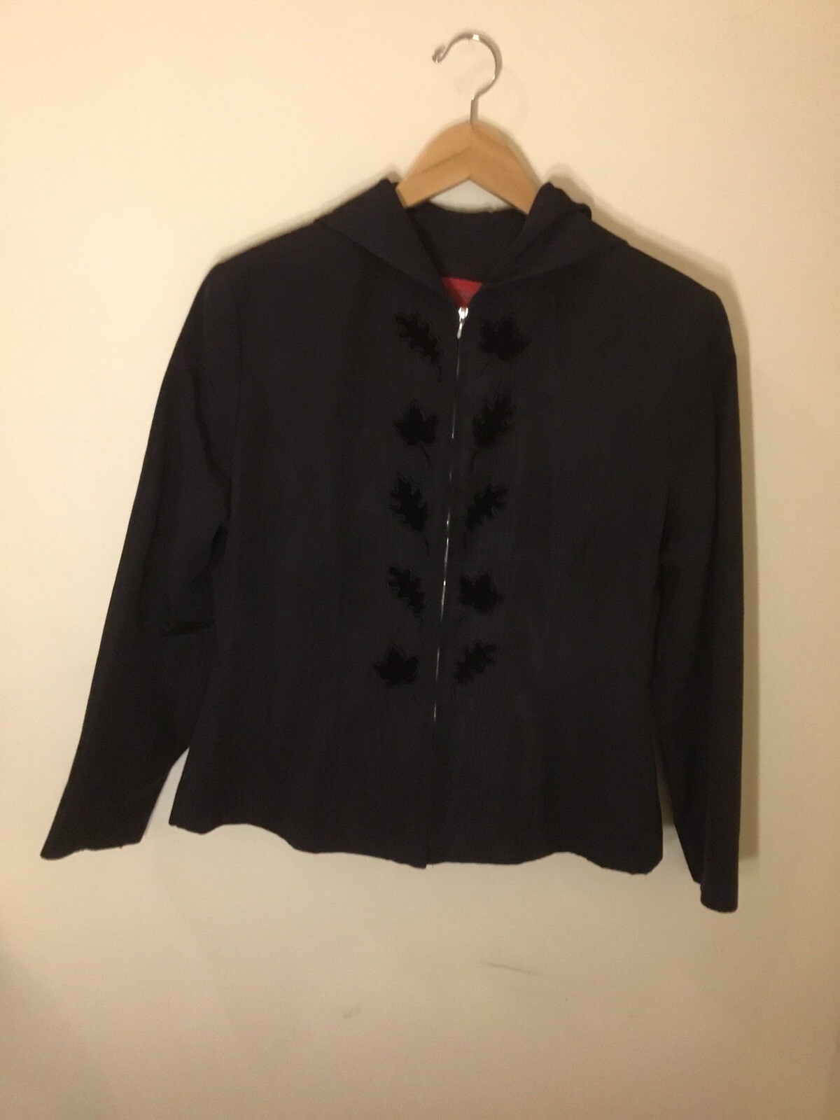 Vintage Kenzo moire Navy Blue Hooded Evening ￼￼Jacket W/Velvet leaf appliqués